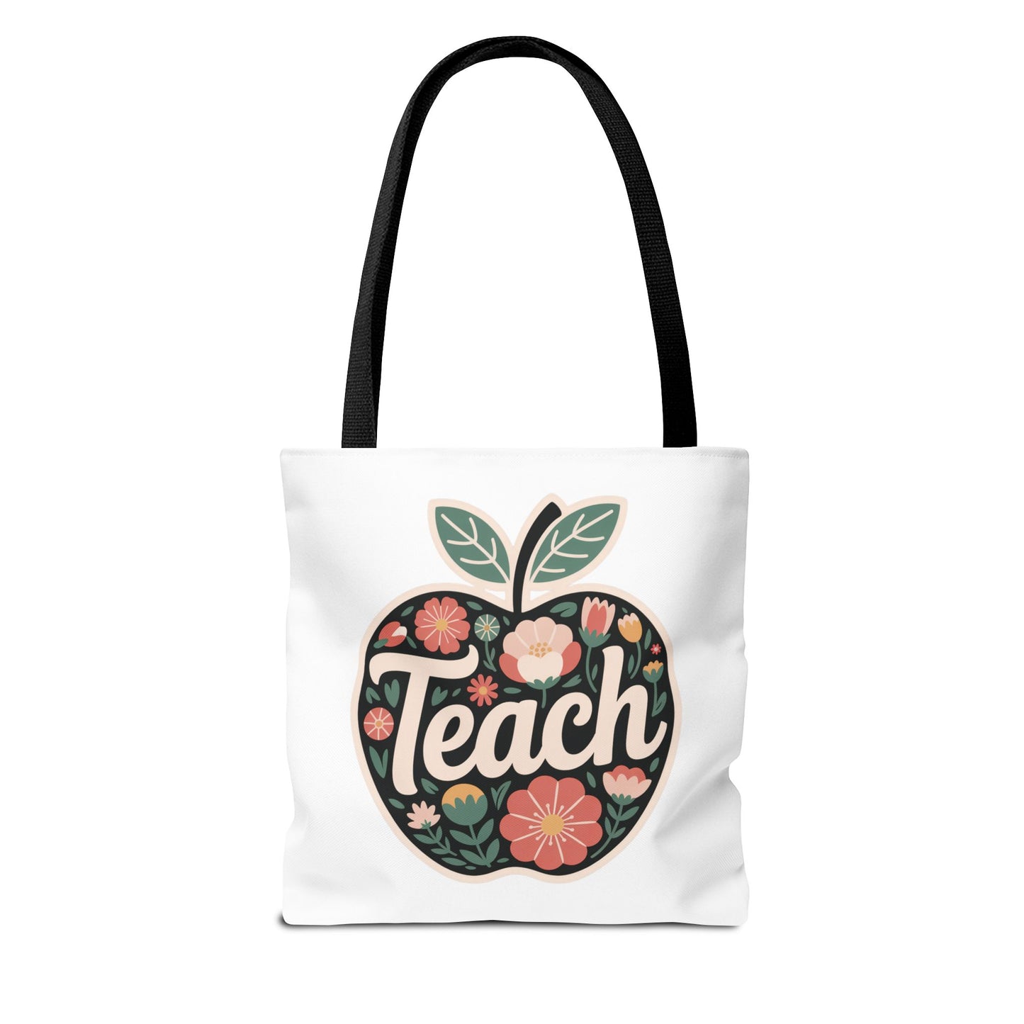 Floral Apple Tote Bag - Hand-Drawn Pastel-Colored Design with 'TEACH'. This cheerful, cozy tote bag features an apple shape adorned with pastel floral illustrations, perfect for teachers and nature lovers.