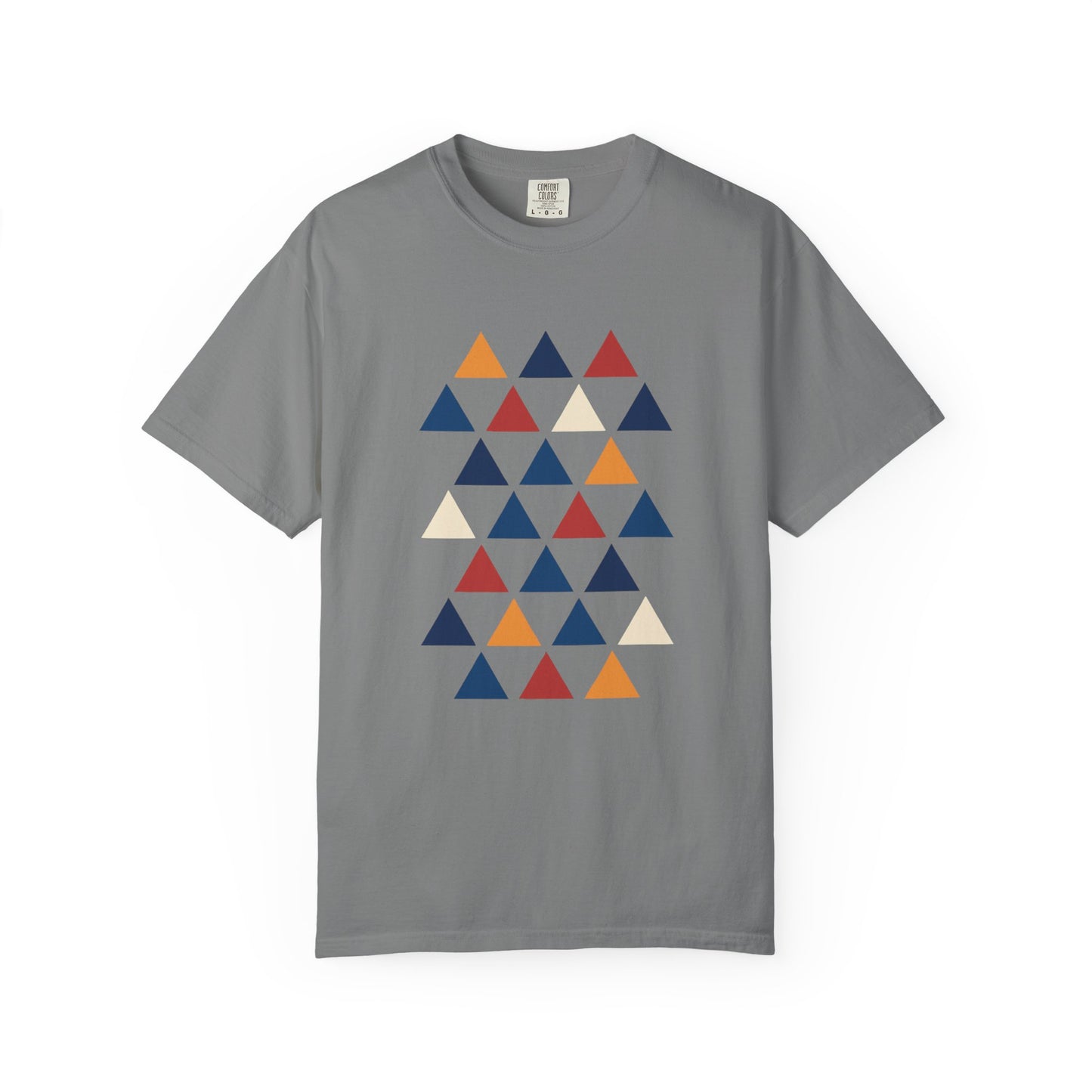 Geometric Triangle Grid T-Shirt: A modern unisex tee with an eye-catching geometric triangle pattern, perfect for minimalist style lovers seeking a unique, stylish wardrobe. Ideal for casual or special occasions.