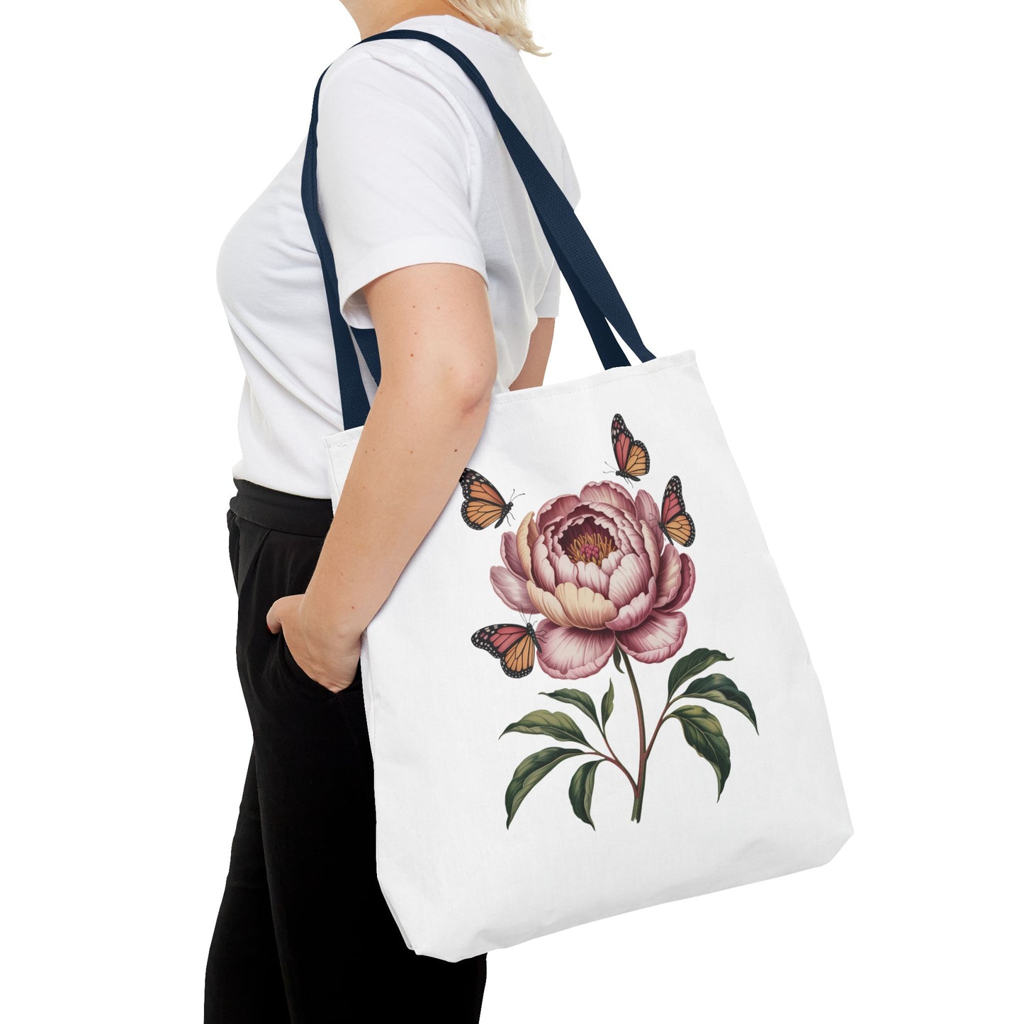 Botanical with Vintage-Inspired Illustration Tote Bag featuring vibrant flowers, intricate leaves, and fluttering butterflies, perfect for nature lovers. Durable polyester with reinforced handles, available in multiple sizes for versatile use.