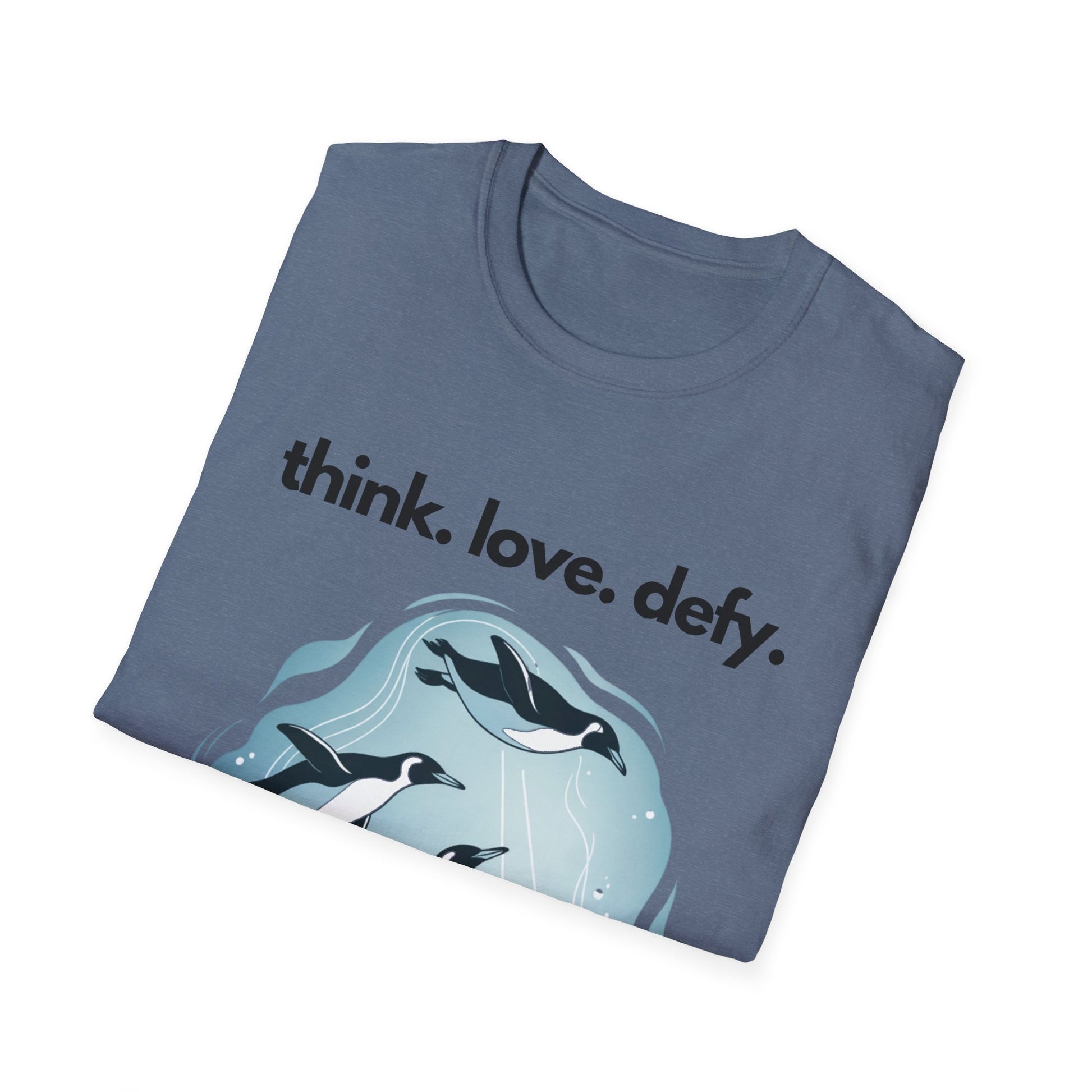 Think Love Defy Penguin Animal Nature Gildan Unisex T-Shirt, featuring a playful penguin design, ideal for nature enthusiasts and casual wear, reflecting FireBrook Essentials' commitment to comfort and joyful, uplifting apparel.