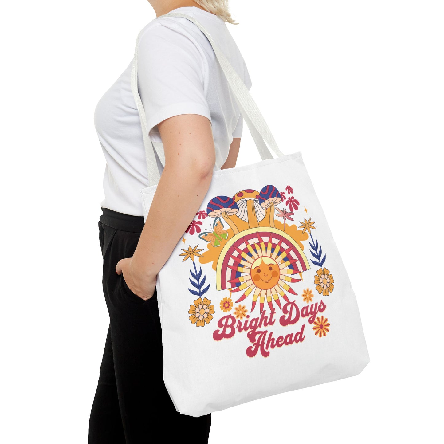 Bright Days Ahead Sunshine Floral Tote Bag showcasing cheerful sunshine, flowers, and butterflies. Ideal for uplifting outdoor adventures with durable polyester, reinforced handles, and boxed corners for added room.
