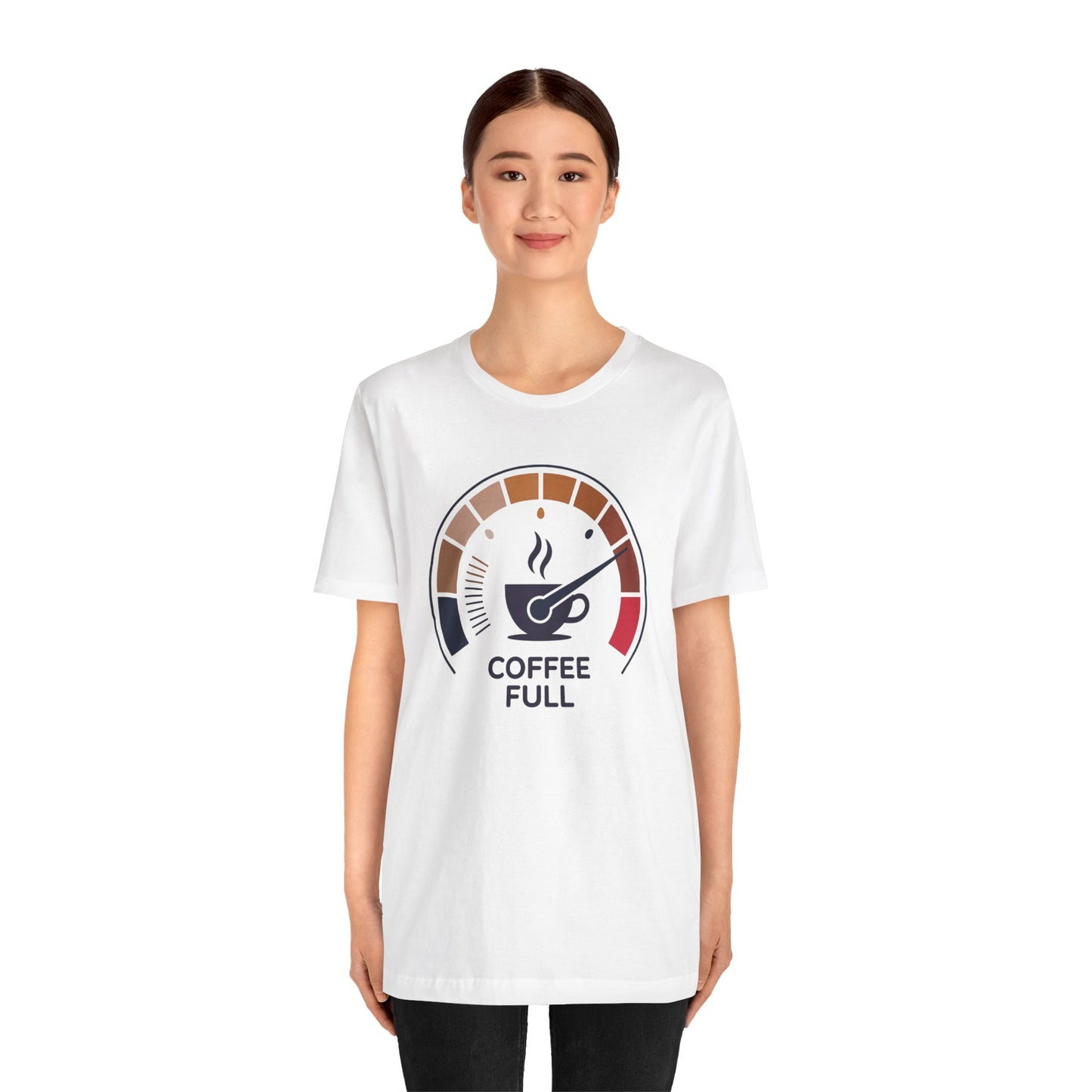 Coffee Full Bella+Canvas Unisex T-Shirt featuring a graphic logo, worn by a woman. Ideal for coffee enthusiasts, this lightweight shirt offers a classic crew neckline, perfect for both active and leisure wear.