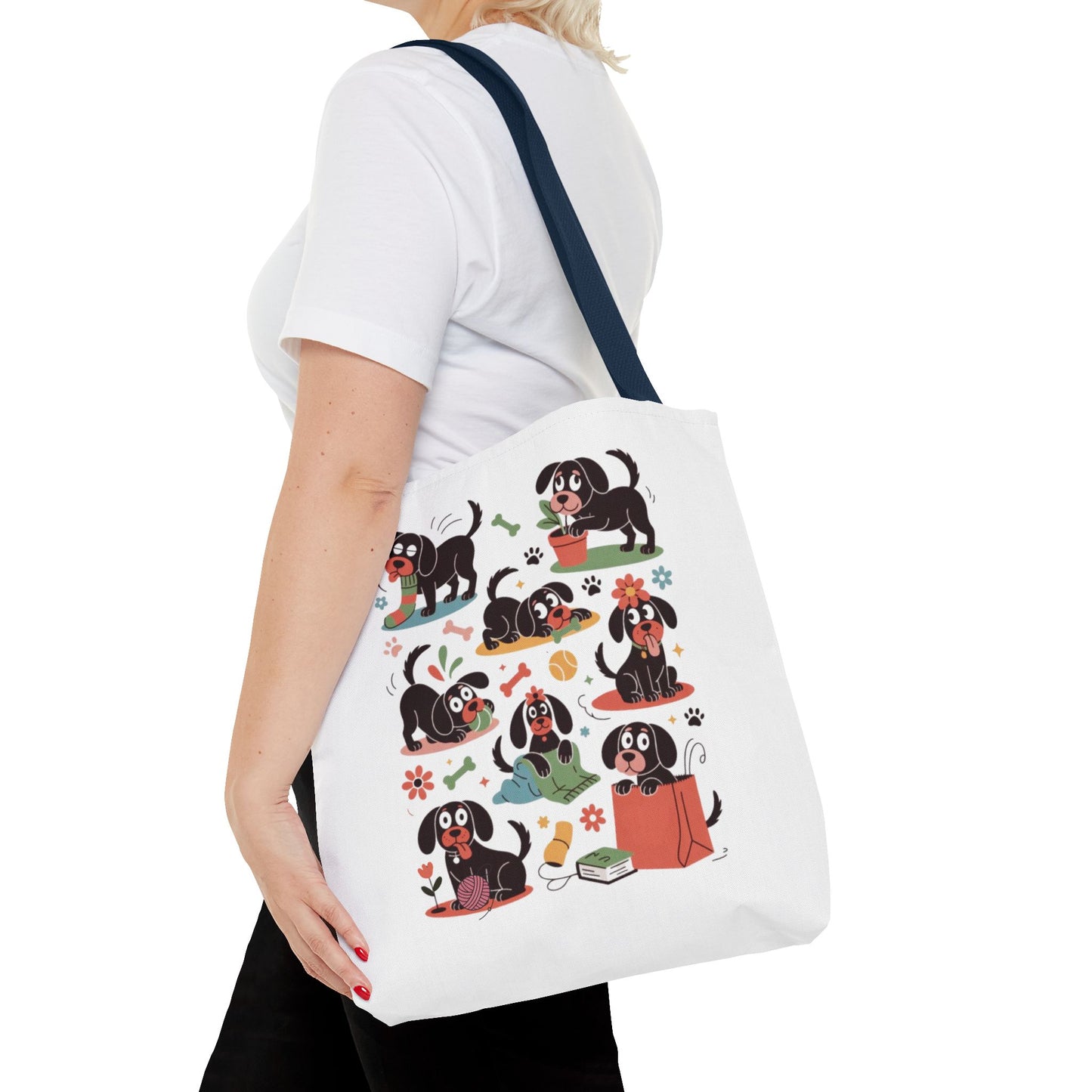 Dog Tote Bag - Playful Cartoon Illustration Design featuring hand-drawn dogs with everyday objects, exuding a whimsical vibe. Ideal for dog lovers, this durable, spacious tote is perfect for shopping or gifting.