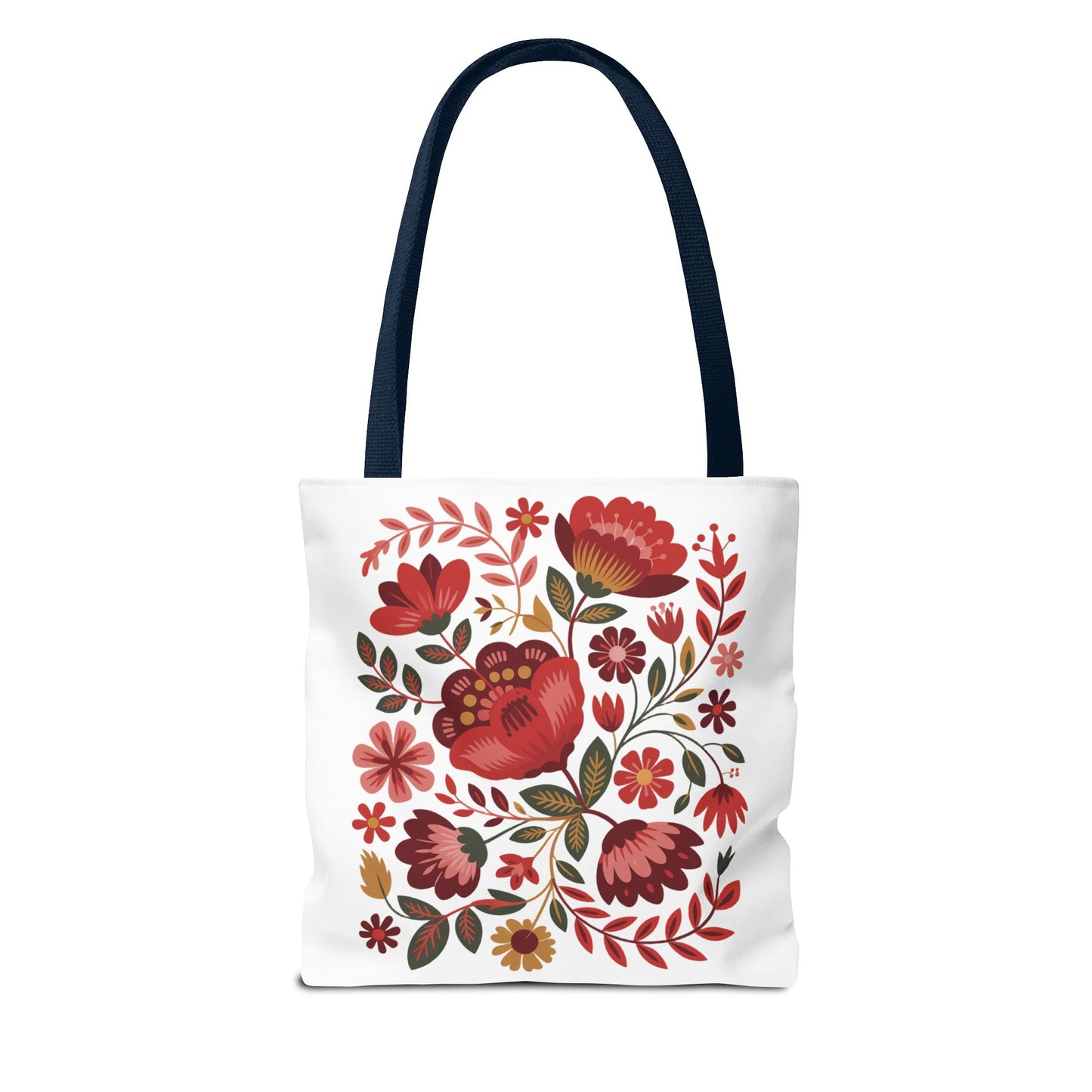 Red Floral Folk-Art Style Tote Bag featuring a vibrant, organic floral illustration with red, blush, and blue flowers, complemented by green leaves. Ideal for carrying essentials, embodying FireBrook Essentials' joyful and uplifting design philosophy.