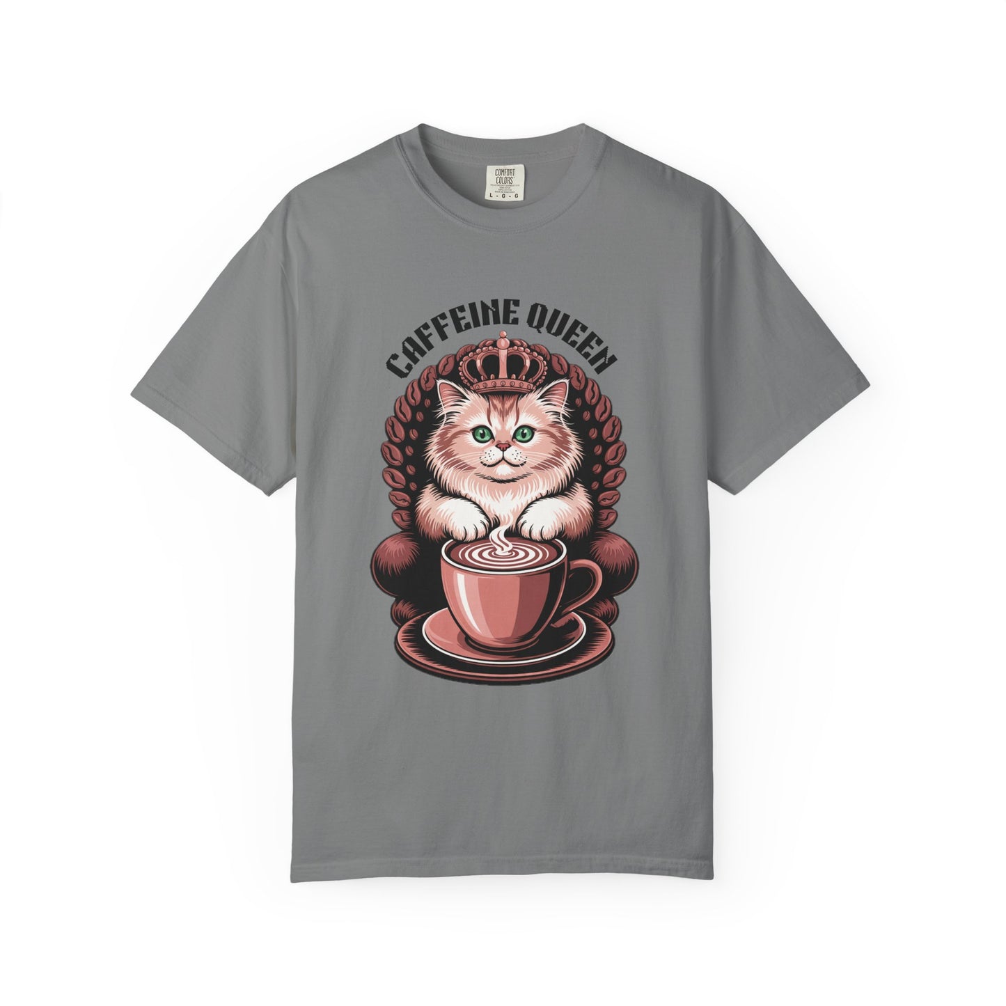 Cat Caffeine Queen T-shirt featuring a cartoon cat with a crown and coffee cup, embodying playful vibes. Ideal for cat and coffee lovers seeking comfortable, stylish apparel from FireBrook Essentials.