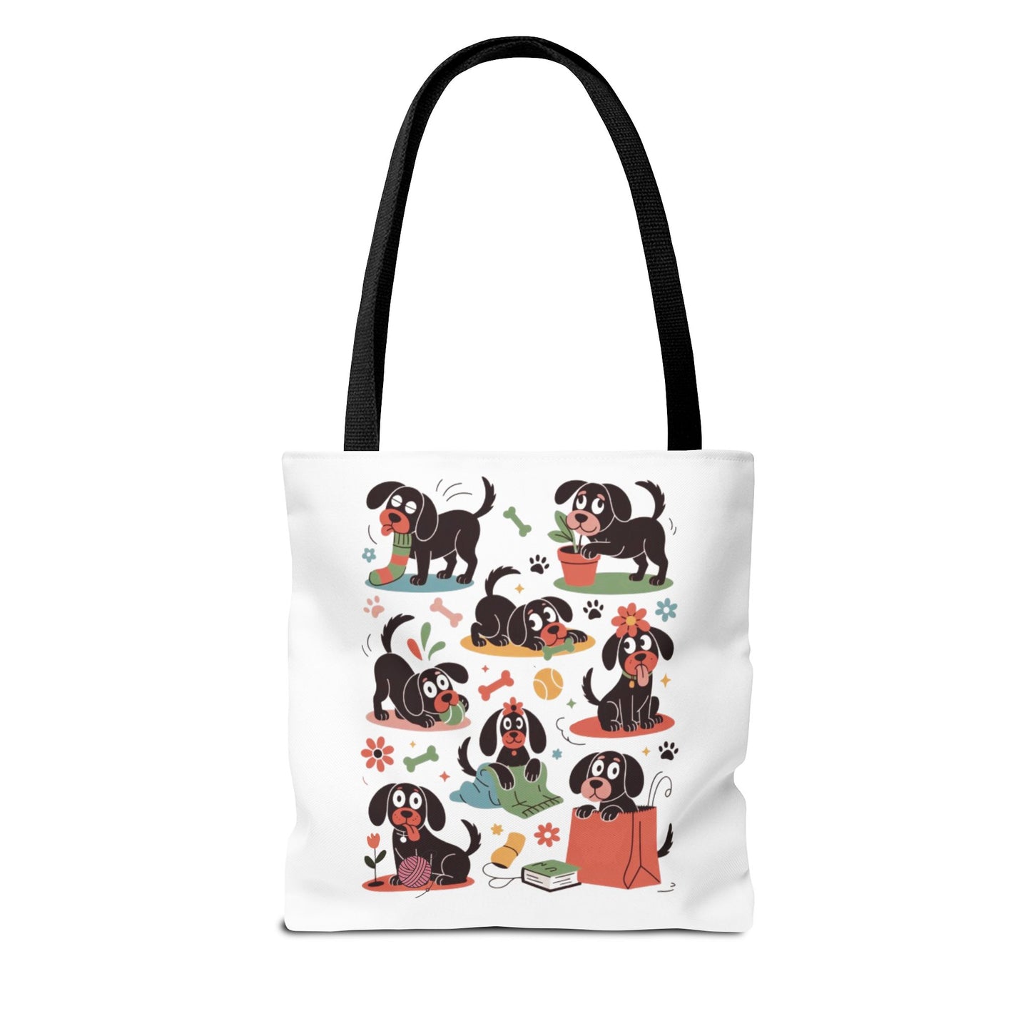 Dog Tote Bag - Playful Cartoon Illustration Design featuring whimsical dog drawings with everyday objects, perfect for dog lovers seeking a fun, reusable shopping bag or unique gift.