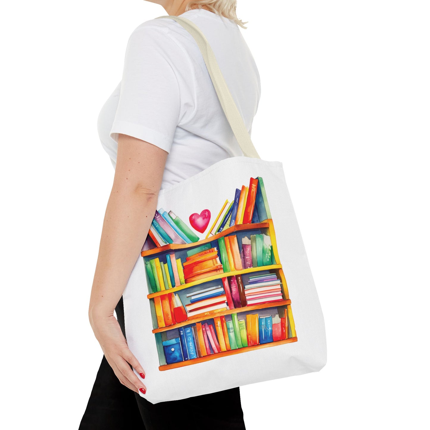 Books Tote Bag - 100% Spun Polyester, featuring a bookcase design, durable with reinforced handles, ideal for book lovers and everyday use.
