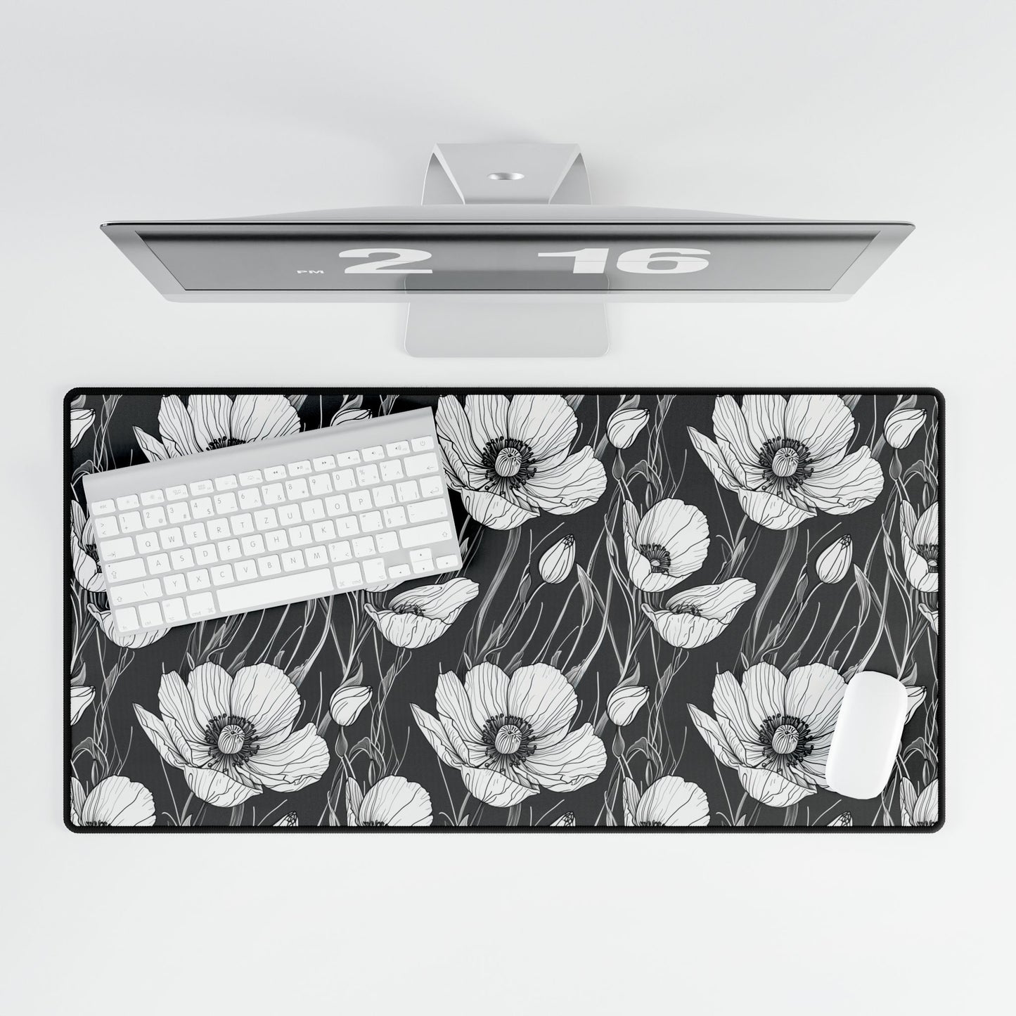 Monochrome Poppies Floral Desk Mat features a detailed black-and-white poppy line art pattern, showcasing intricate floral design on a charcoal backdrop, perfect for enhancing desk aesthetics with elegance and functionality.
