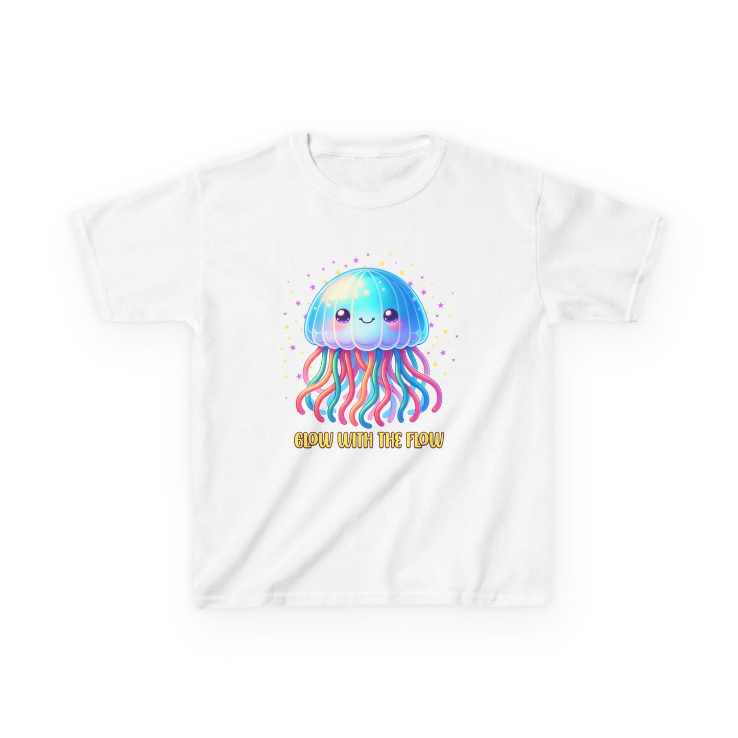 Glow With The Flow Jellyfish Youth T-Shirt featuring a cartoon jellyfish design, perfect for kids who love ocean themes, available at FireBrook Essentials for stylish, joyful apparel.