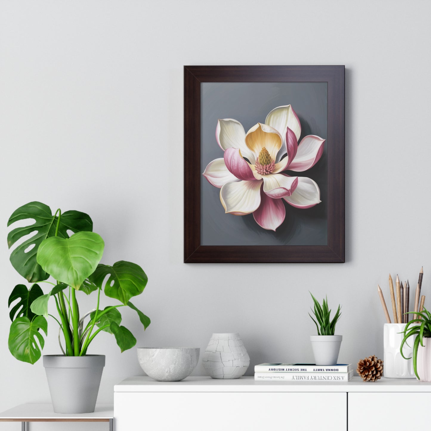 Vertical Poster - Magnolia Floral Design showcasing a close-up of a magnolia plant in a pot, embodying timeless beauty and nature-inspired elegance, perfect for enhancing home decor with a calming, artful touch.