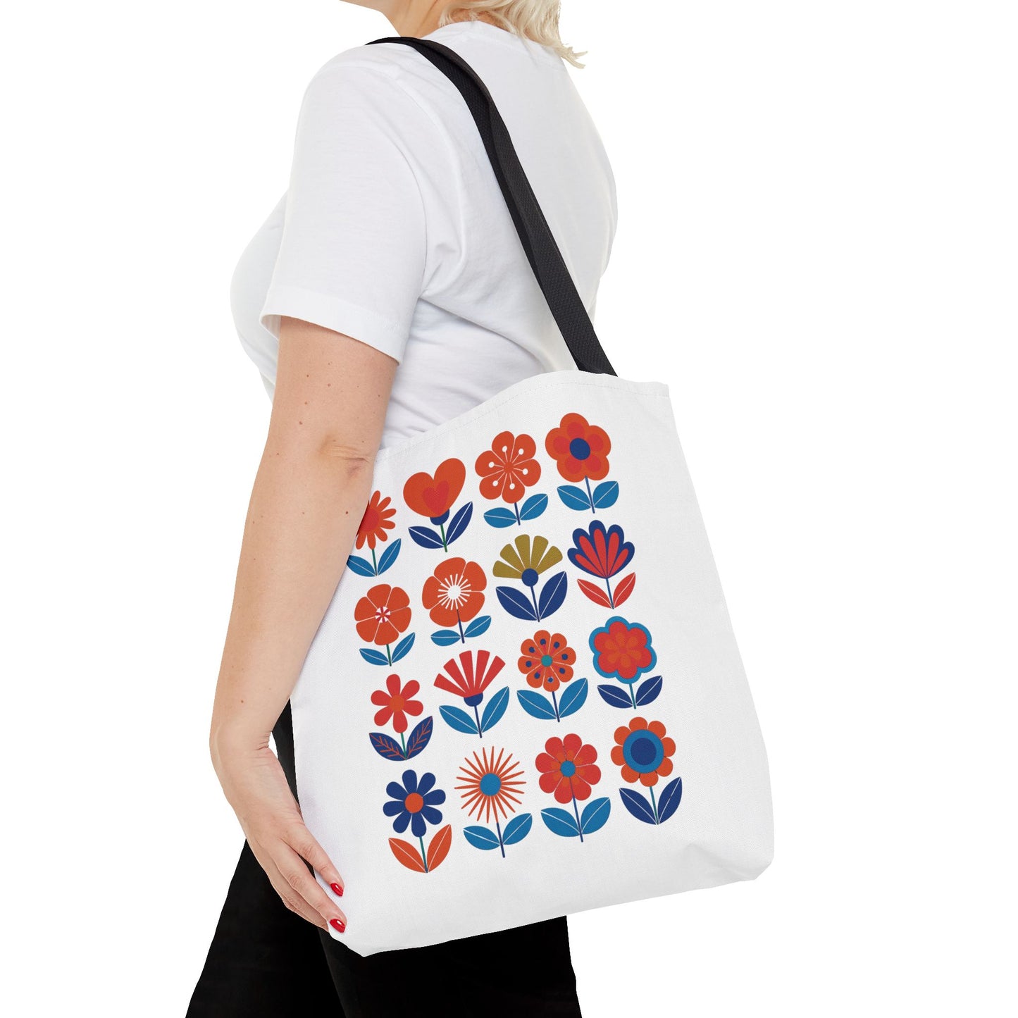 Floral Tote Bag featuring mid-century modern floral elements, ideal for fashion-forward individuals. Durable with reinforced handles, boxed corners, and available in various sizes, perfect for everyday essentials.