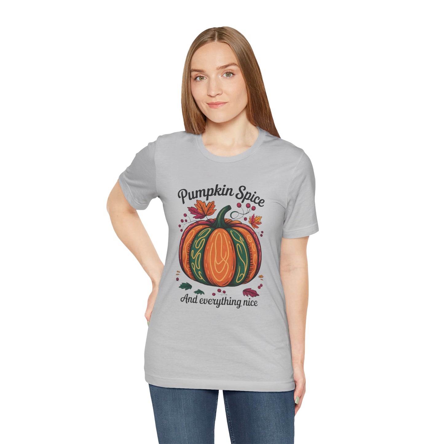 Pumpkin Spice and Everything Nice Fall Thanksgiving Bella+Canvas Unisex T-Shirt, showcasing a cozy autumnal design, perfect for fall celebrations, embodying comfort and style typical of FireBrook Essentials.