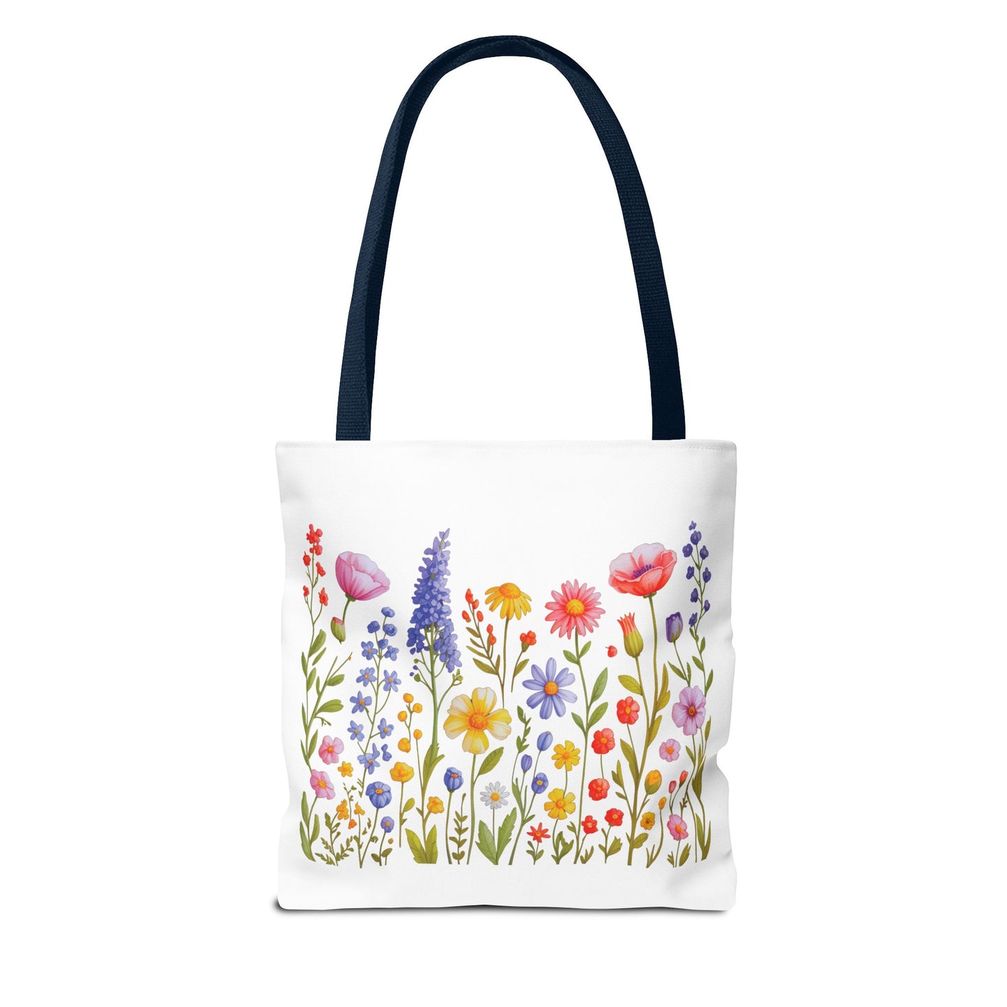 Wildflowers Tote Bag featuring a vibrant wildflower design, ideal for nature enthusiasts. Made from durable polyester with reinforced handles, perfect for daily use, shopping, or beach trips. Available in multiple sizes.