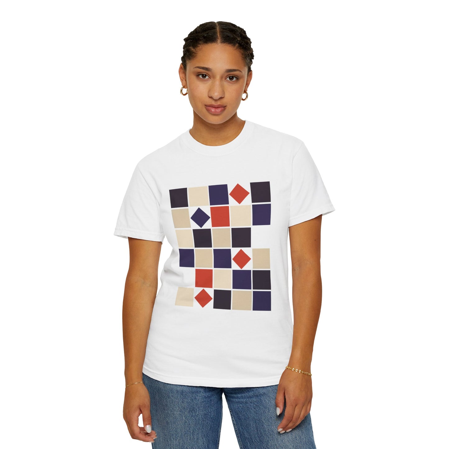 Square Grid Abstract in Monochrome Palette T-Shirt, featuring precisely aligned and rotated squares, offering a modern, stylish look. Ideal for art lovers seeking contemporary fashion from FireBrook Essentials.