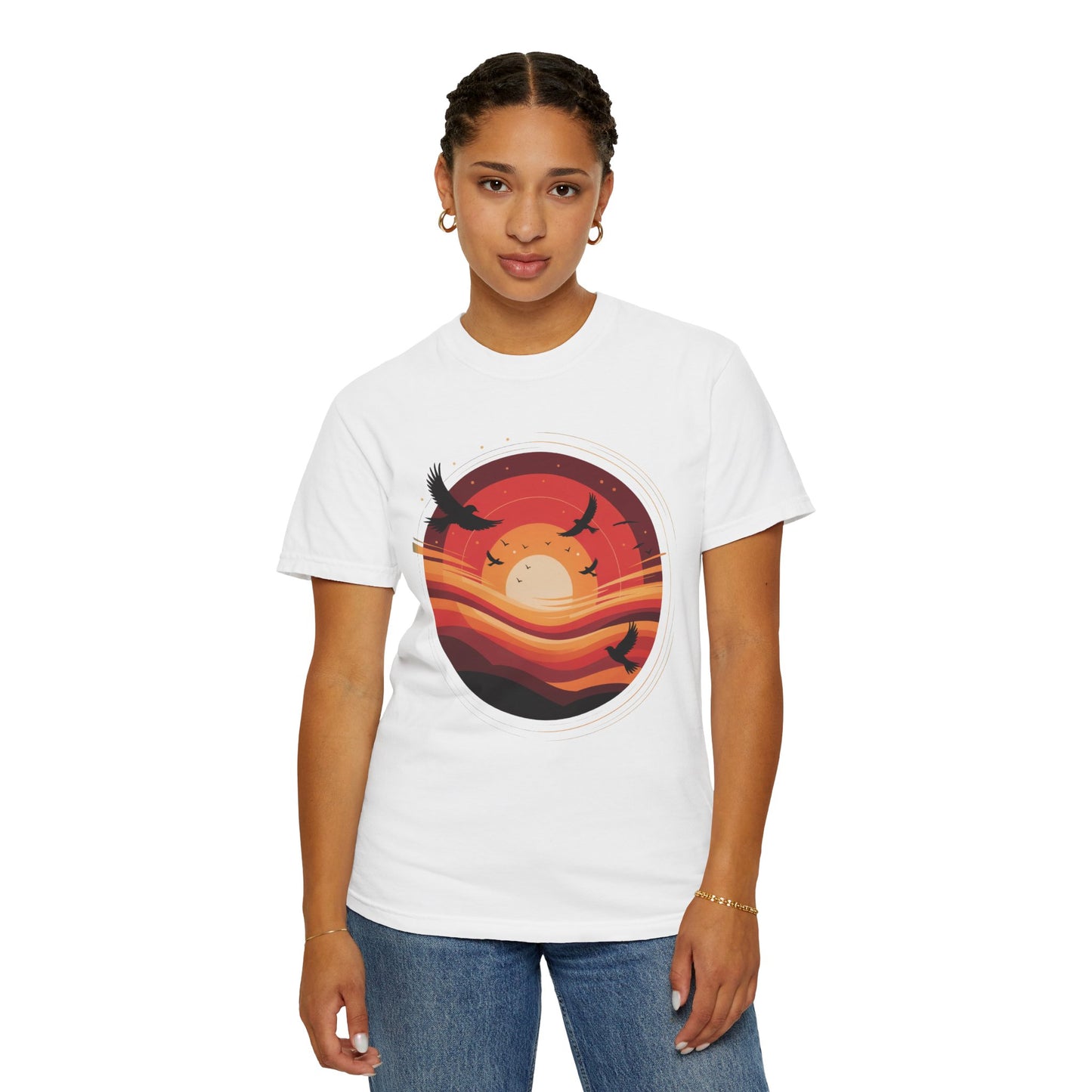 Sunset Energy Abstract T-Shirt showcases a vibrant sunset-themed design with concentric rings and silhouetted birds, perfect for adding dynamic motion and warmth to casual summer outfits.