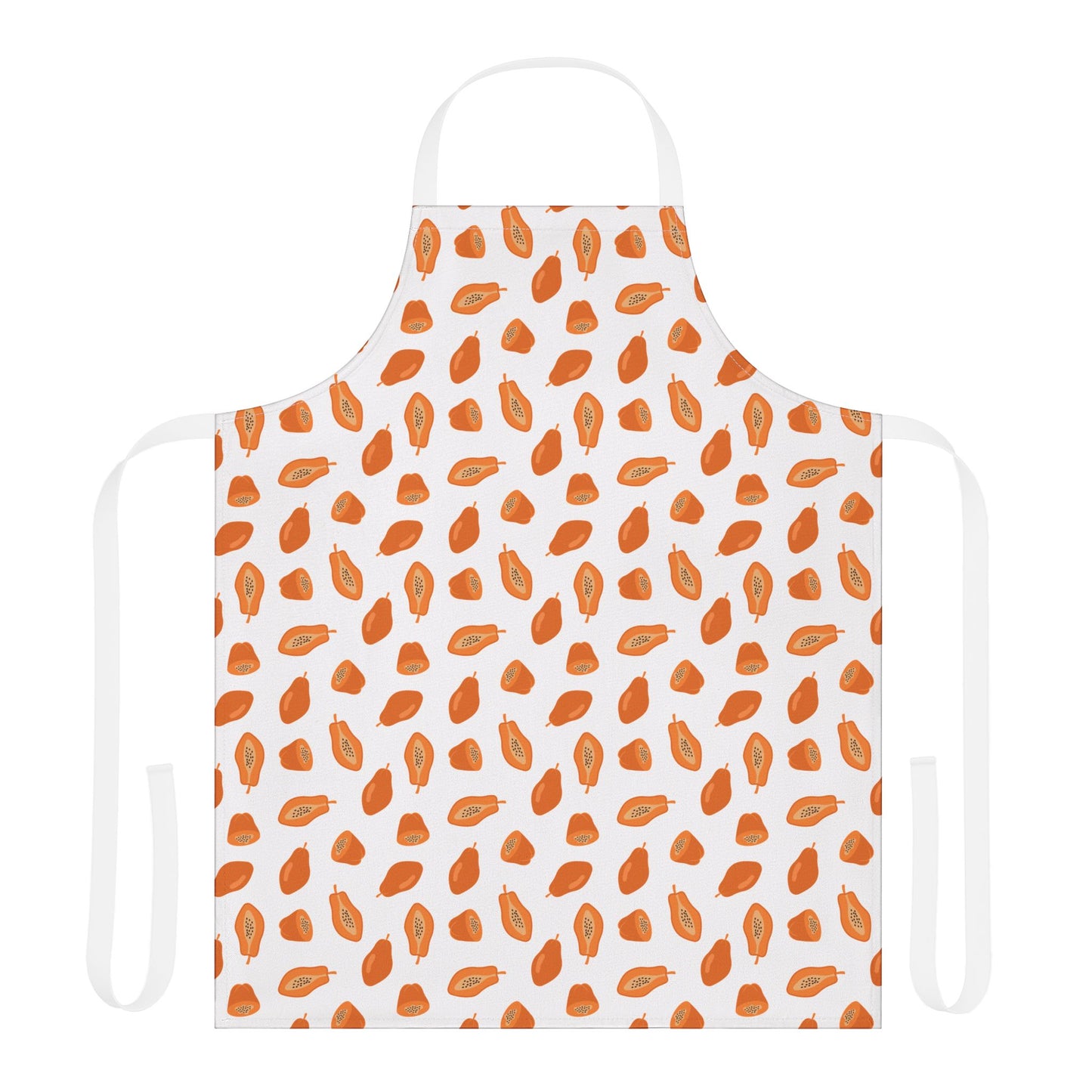 Papaya Apron featuring vibrant orange leaf pattern, designed for comfort and style. Ideal for creative chefs, adding a whimsical touch to any kitchen. Perfectly embodies FireBrook Essentials’ uplifting and joyful design ethos.