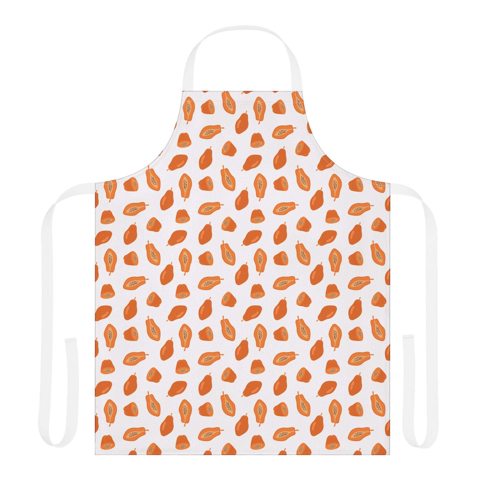 Papaya Apron featuring vibrant orange leaf pattern, designed for comfort and style. Ideal for creative chefs, adding a whimsical touch to any kitchen. Perfectly embodies FireBrook Essentials’ uplifting and joyful design ethos.