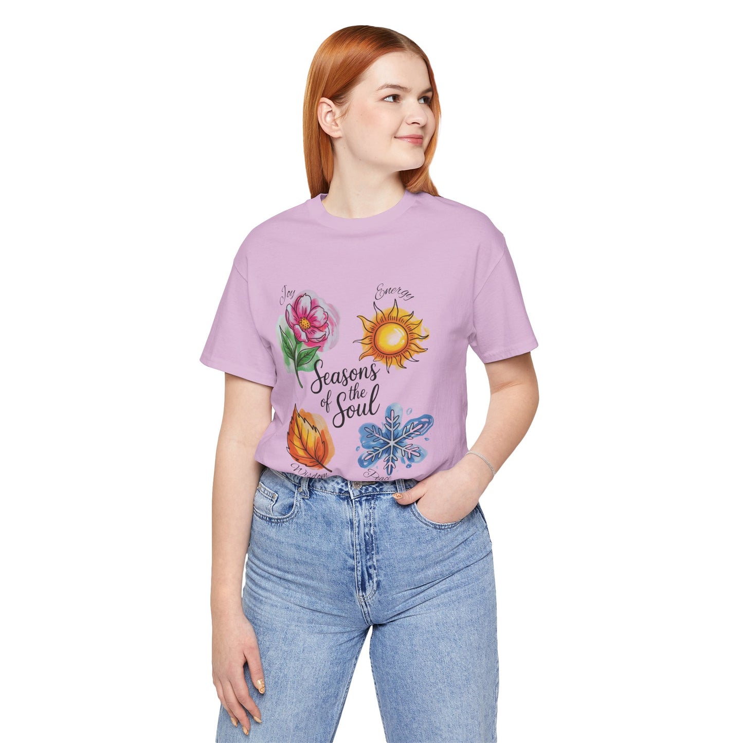 Seasons of the Soul: Joy, Energy, Wisdom & Peace T-Shirt, unisex jersey, designed for comfort and spiritual balance, ideal for yoga or meditation, crafted from 100% Airlume cotton by FireBrook Essentials.