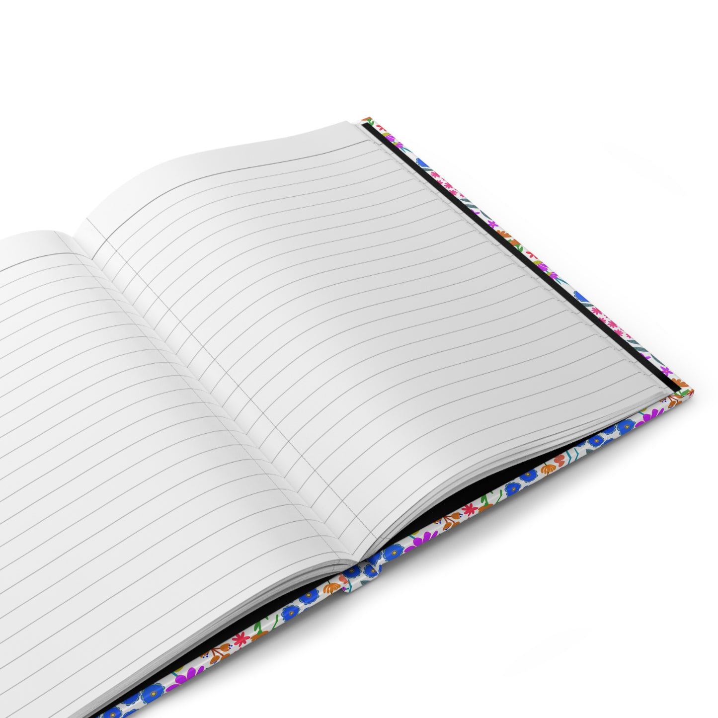 HARDCOVER JOURNAL, MATTE, RULED, 5X7, SEWN BIND, CLEAN-TEAR PAGES – WILDFLOWER PARADE: Open flat on a white surface, showcasing blank, lined pages and a colorful floral binding.