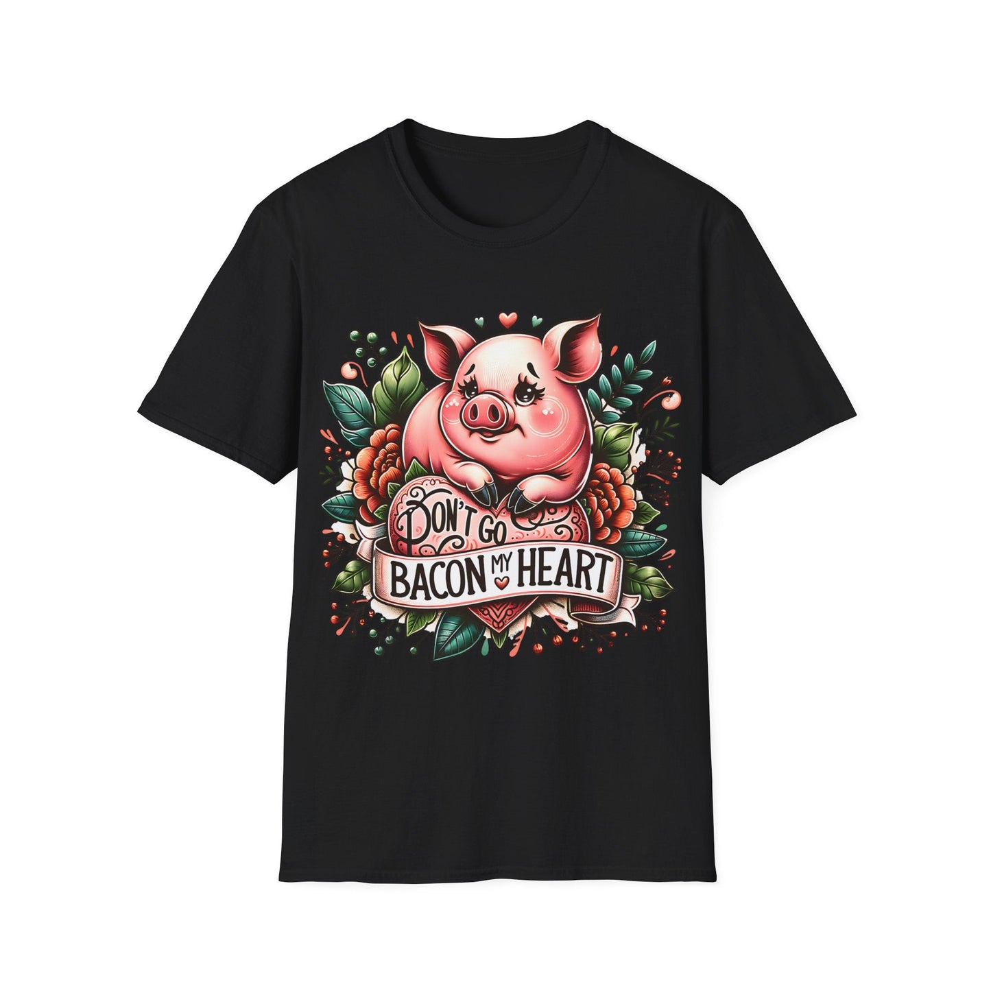 Dont Go Bacon My Heart Cute Pig T-Shirt displaying a playful pun with a cute pig graphic, embodying FireBrook Essentials' joyful and stylish approach to casual, humorous apparel.