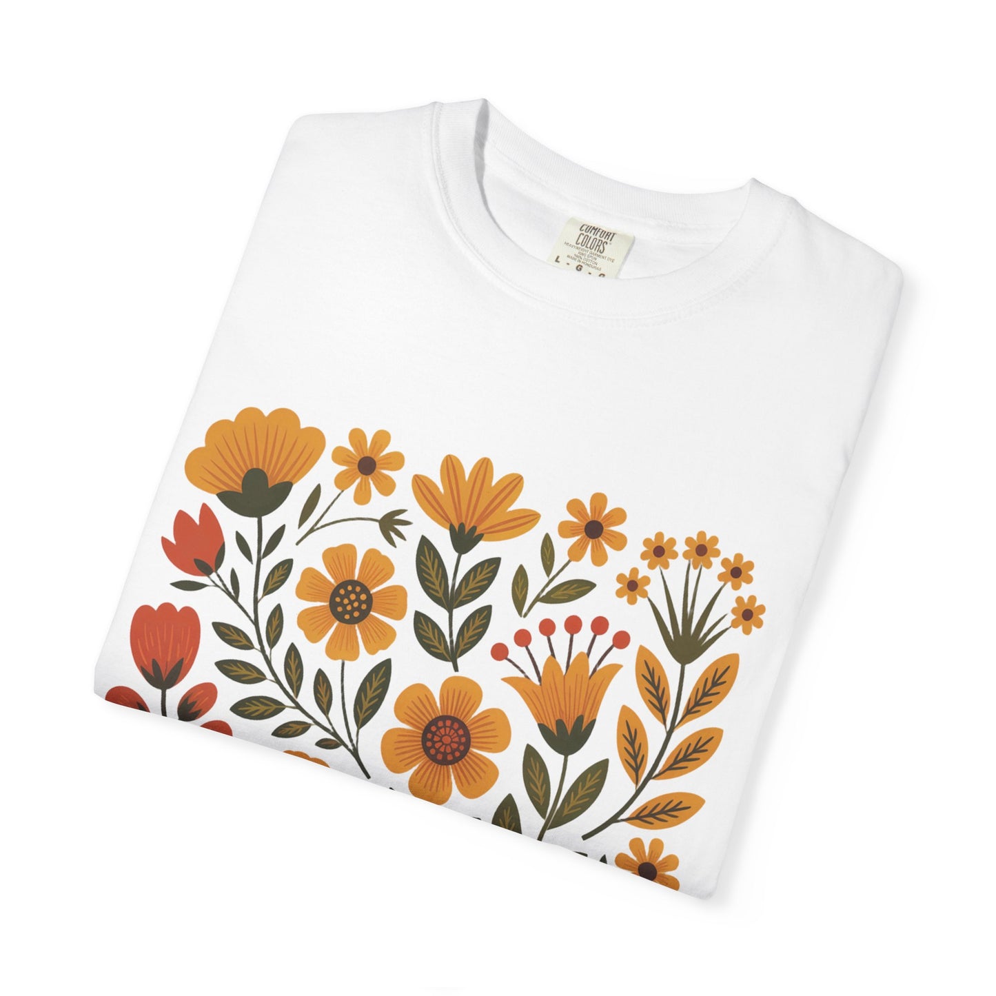 Folk Art in Warm Yellows Floral T-Shirt featuring a vibrant, traditional embroidery-inspired design with artistic floral patterns, ideal for casual and art events, embodying FireBrook Essentials' uplifting style.