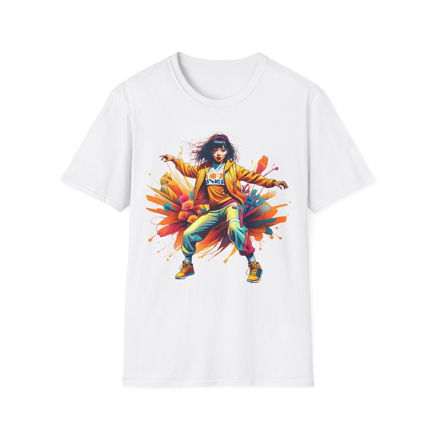 Hip Hop Movement Gildan Unisex T-Shirt featuring a vibrant design of a woman dancing, capturing energy and creativity, perfect for music lovers and trendsetters seeking stylish, comfortable apparel.