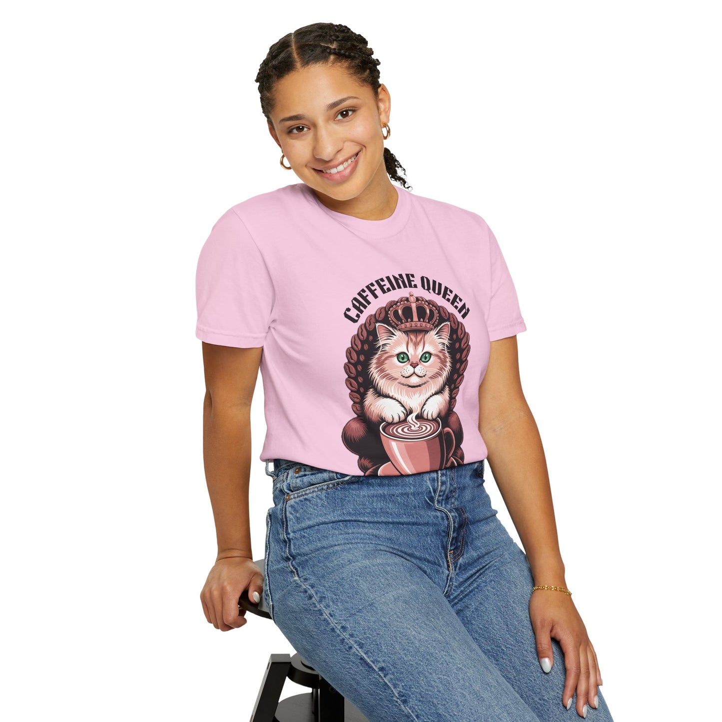 The Cat Caffeine Queen T-shirt features a playful design with a cat wearing a crown, perfect for casual, joyful styling. Ideal for cat and coffee lovers seeking comfortable, stylish apparel.