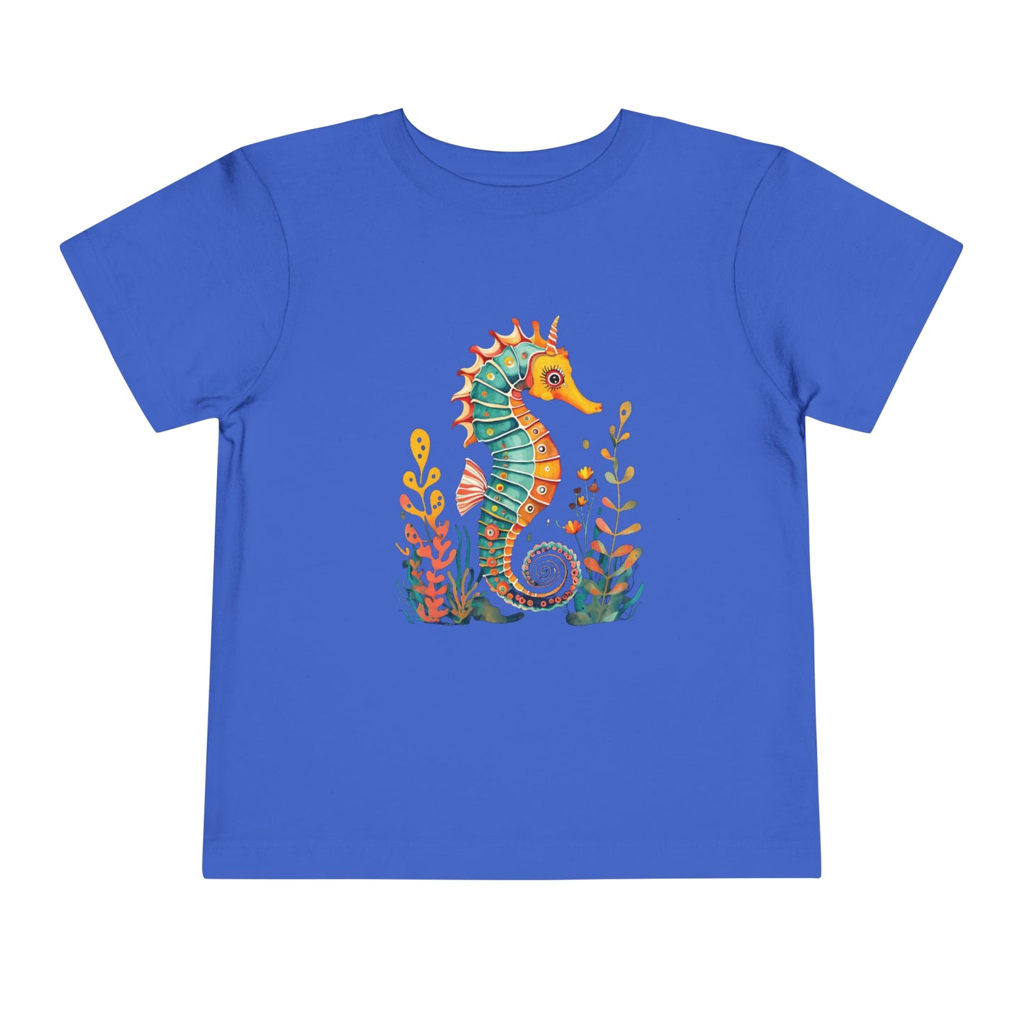 Enchanted Seahorse Toddler T-Shirt featuring a whimsical seahorse and seaweed design, made from soft cotton jersey, perfect for adding ocean-inspired charm to your child's wardrobe.