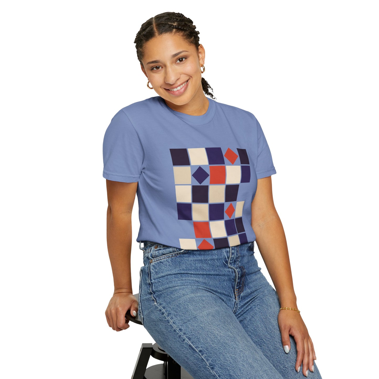 Square Grid Abstract in Monochrome Palette T-Shirt featuring aligned and rotated squares for a stylish, modern look. Ideal for casual or semi-formal settings, offering comfort and durability with a soft texture.
