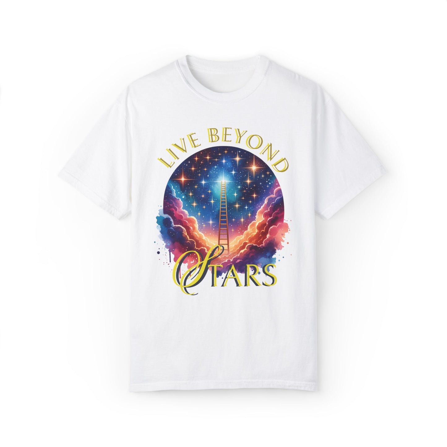 Live Beyond Stars Galactic Comfort Colors Unisex T-Shirt featuring a graphic of a ladder leading to stars, ideal for stargazers and dreamers, exuding a cosmic and adventurous vibe.