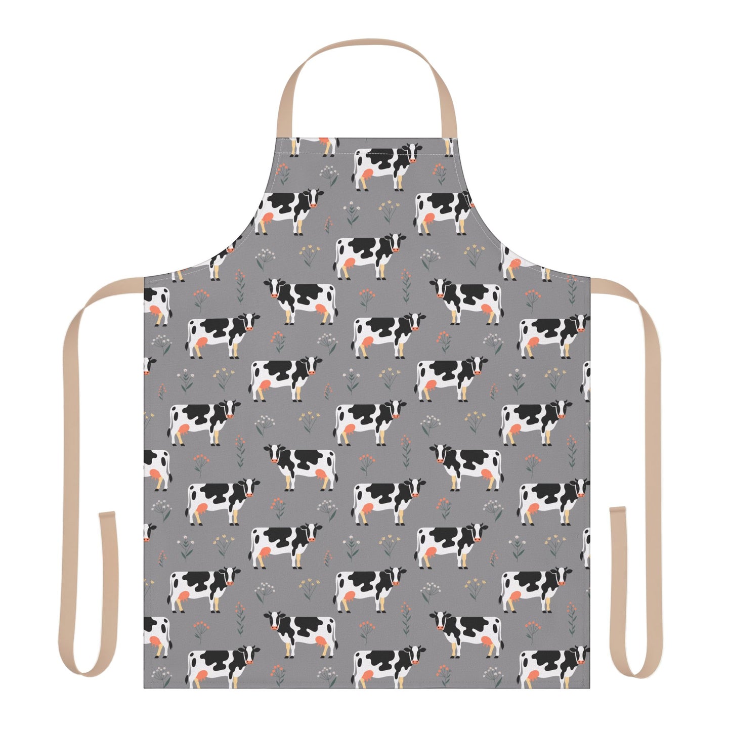 Apron Dairy Cows Pattern showcasing Holstein dairy cows, ideal for cooking or crafting. Features a farm-inspired design, polyester canvas, tie-back closure, and is stain-resistant for easy kitchen and outdoor use.