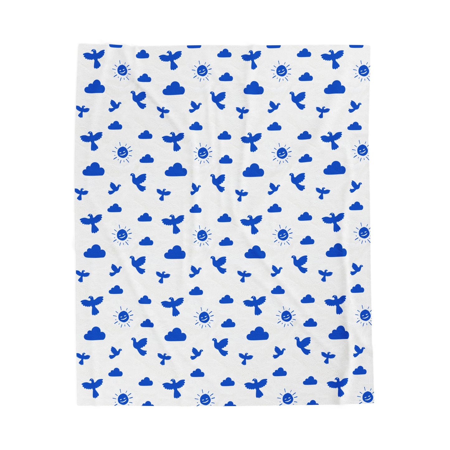 Blue Sky Velveteen Plush Blanket featuring blue birds and cloud designs, offering a cozy and stylish addition to any home decor, perfect for snuggling or gifting.