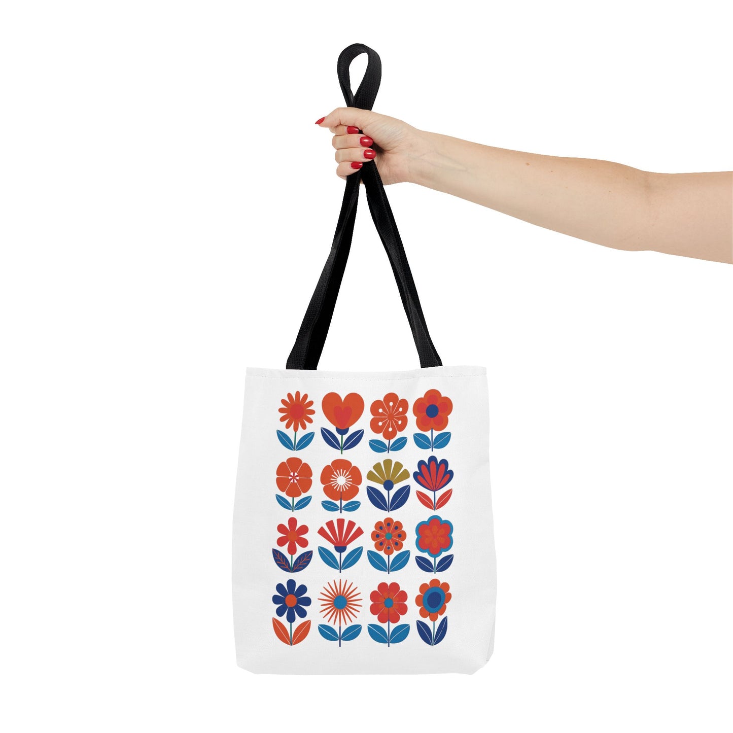 Floral Tote Bag featuring mid-century modern floral design, ideal for fashion-forward individuals. Durable polyester body, reinforced handles, and boxed corners make it perfect for everyday essentials, aligning with FireBrook Essentials' stylish, uplifting ethos.