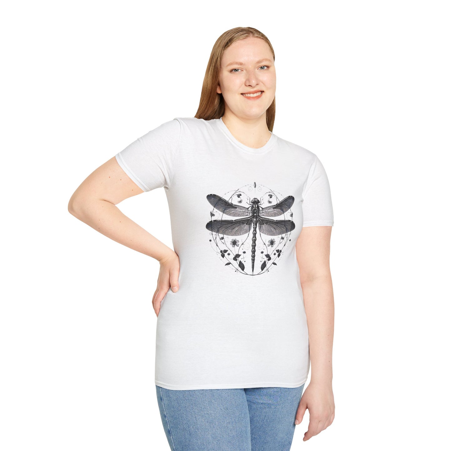 Dragonfly Gildan Unisex T-Shirt with a playful dragonfly design on lightweight fabric, ideal for nature lovers and casual outings, reflecting FireBrook Essentials' commitment to comfort and style.