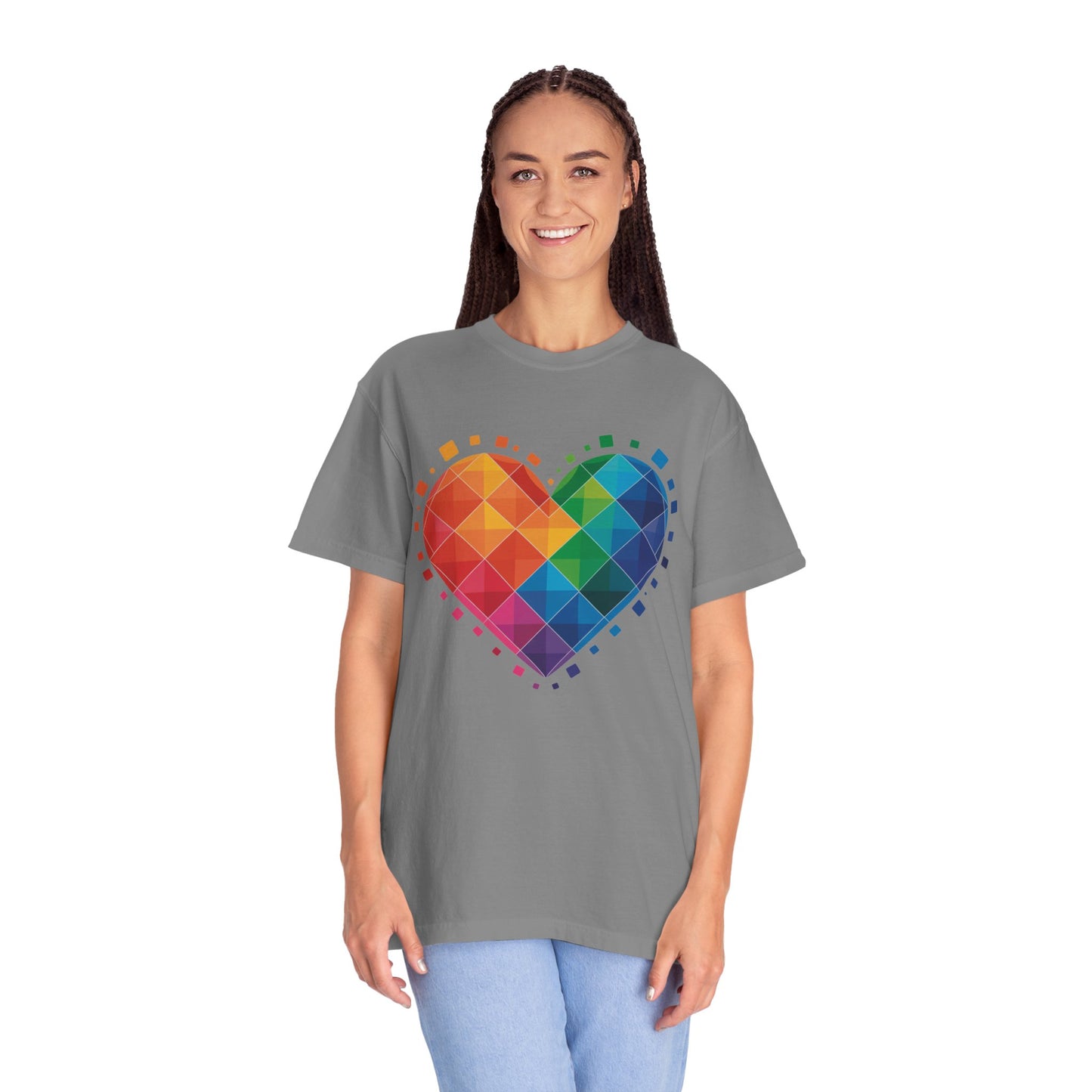 Rainbow Geometric Heart T-Shirt featuring a dynamic heart-shaped design with overlapping translucent squares in a vibrant rainbow gradient, ideal for casual or special occasions, embodying FireBrook Essentials' uplifting style.