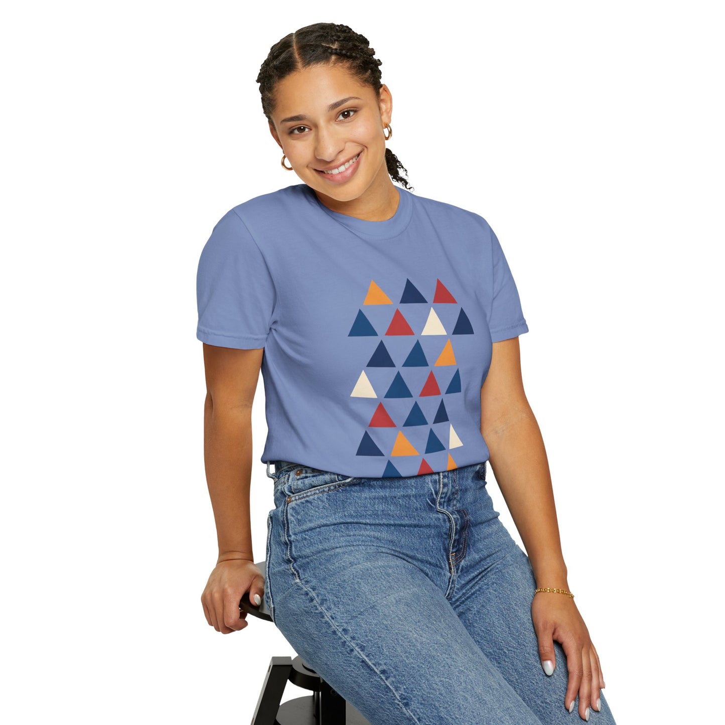 Geometric Triangle Grid T-Shirt showcasing a modern, unisex design with equilateral triangles in a bold pattern. Ideal for those seeking stylish casual wear, aligning with FireBrook Essentials' focus on comfort and positivity.