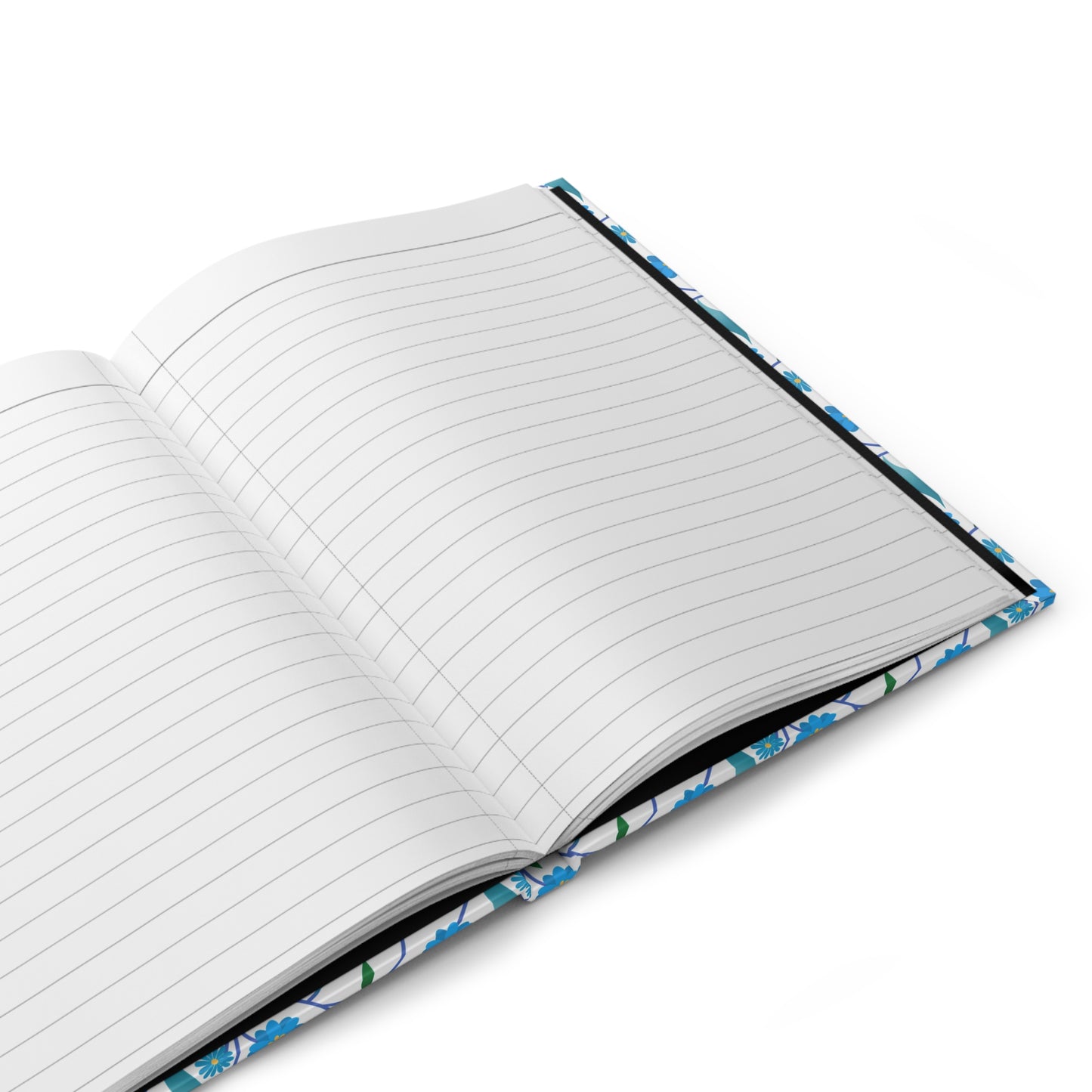 HARDCOVER JOURNAL, MATTE, RULED, 5X7, SEWN BIND, CLEAN-TEAR PAGES – BLUE DAISY VINE, featuring blue floral cover, lies open on a white surface, showcasing its lined pages and durable, flexible binding.