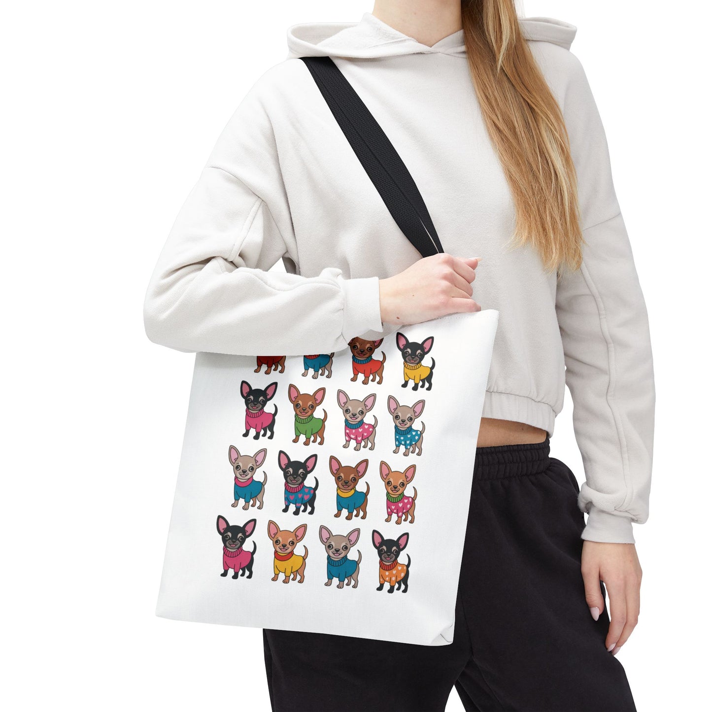 Chihuahua with Wardrobe Portraits Tote Bag features charming chihuahua illustrations in various outfits, perfect for dog lovers. This durable, quirky design adds a delightful touch to your errands or shopping trips.