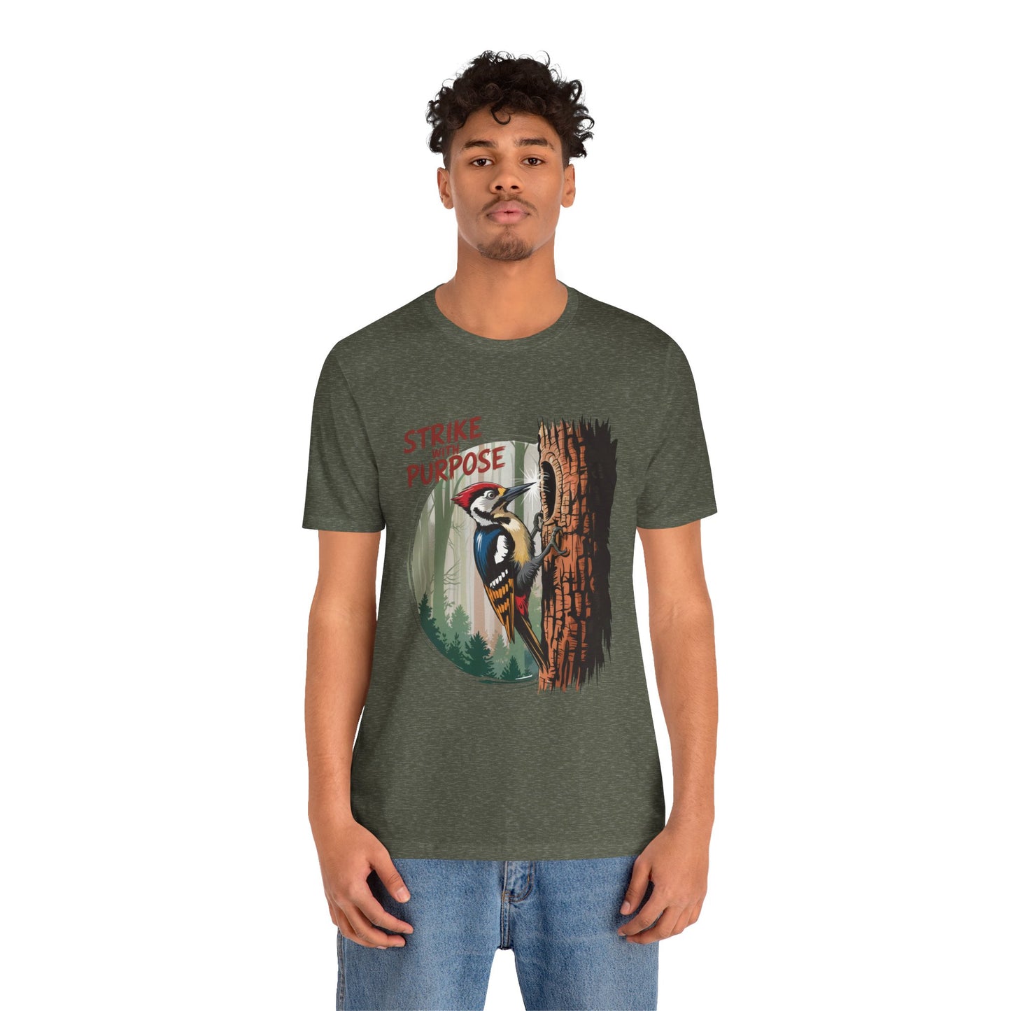 Woodpecker: Strike with a Purpose Bella+Canvas Unisex T-Shirt features a striking woodpecker design, worn by a man, embodying motivation and inspiration, ideal for nature enthusiasts and casual settings.