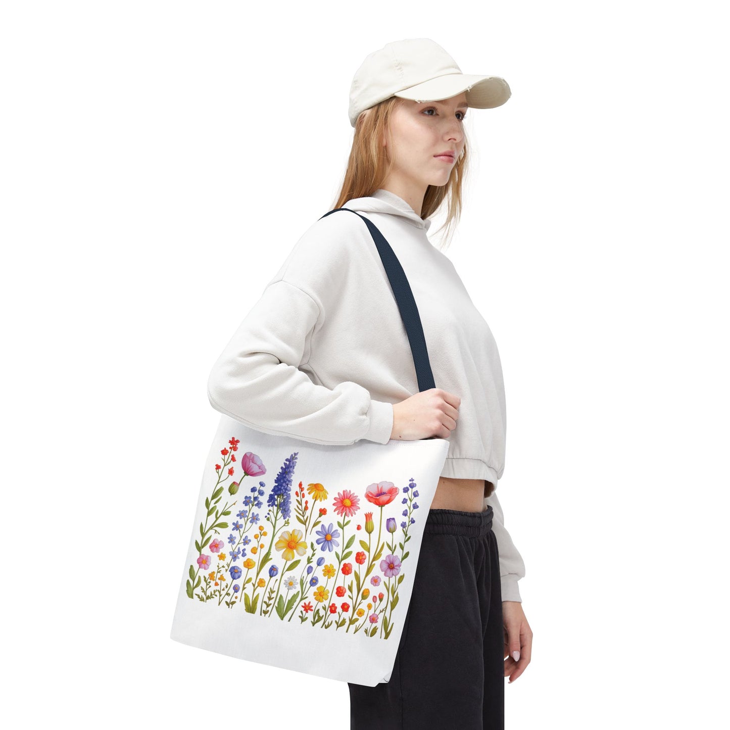 Wildflowers Tote Bag featuring a vibrant wildflower design, reflecting a natural and free-spirited vibe. Ideal for everyday use with durable polyester, reinforced handles, and customizable handle colors, perfect for nature enthusiasts.