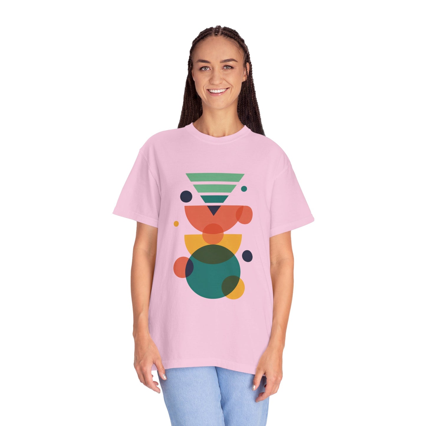 Geometric Abstract T-Shirt features a trendy vector-style abstract design with colorful geometric shapes, ideal for adults who appreciate unique fashion. Made from soft, durable, garment-dyed 100% ring-spun US cotton.