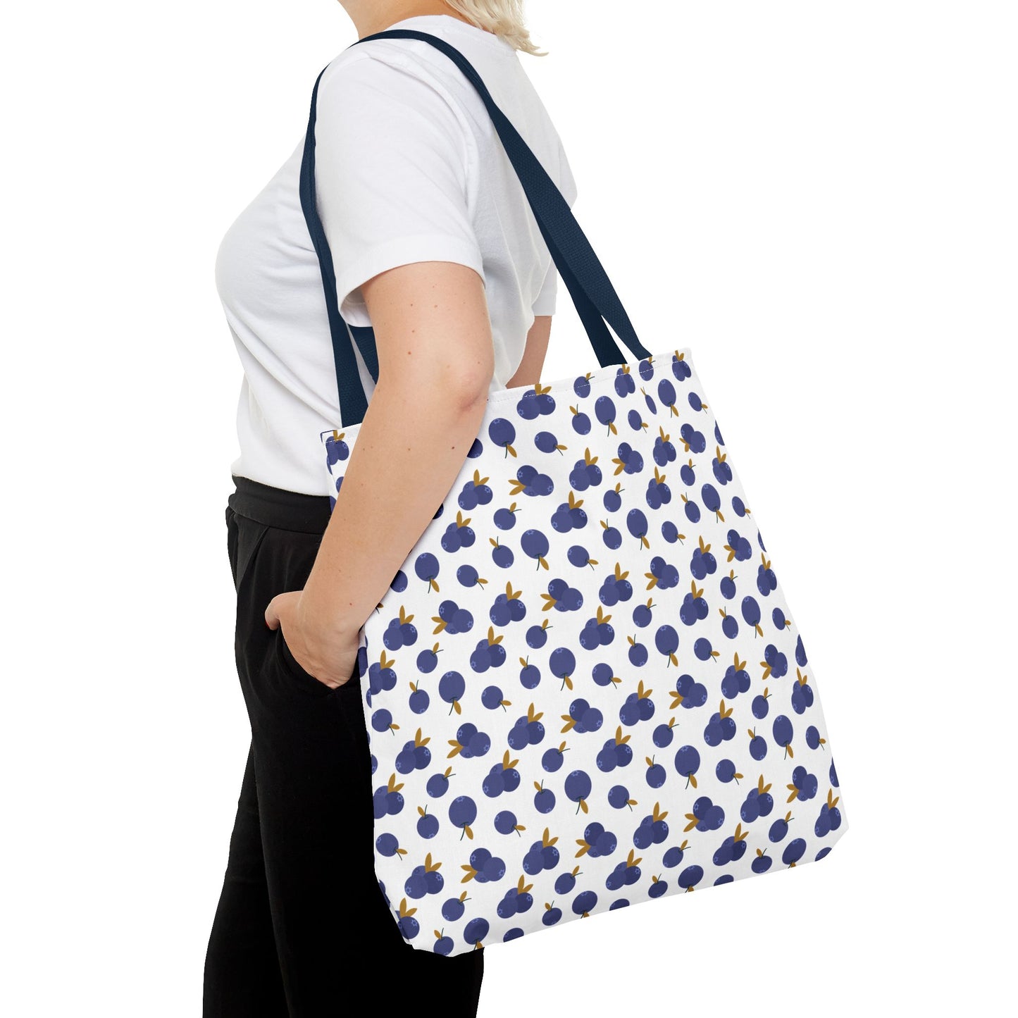 Blueberry Tote Bag with charming blueberry pattern design, featuring durable polyester, reinforced handles, and boxed corners, perfect for everyday use and adding a pop of color to your routine.