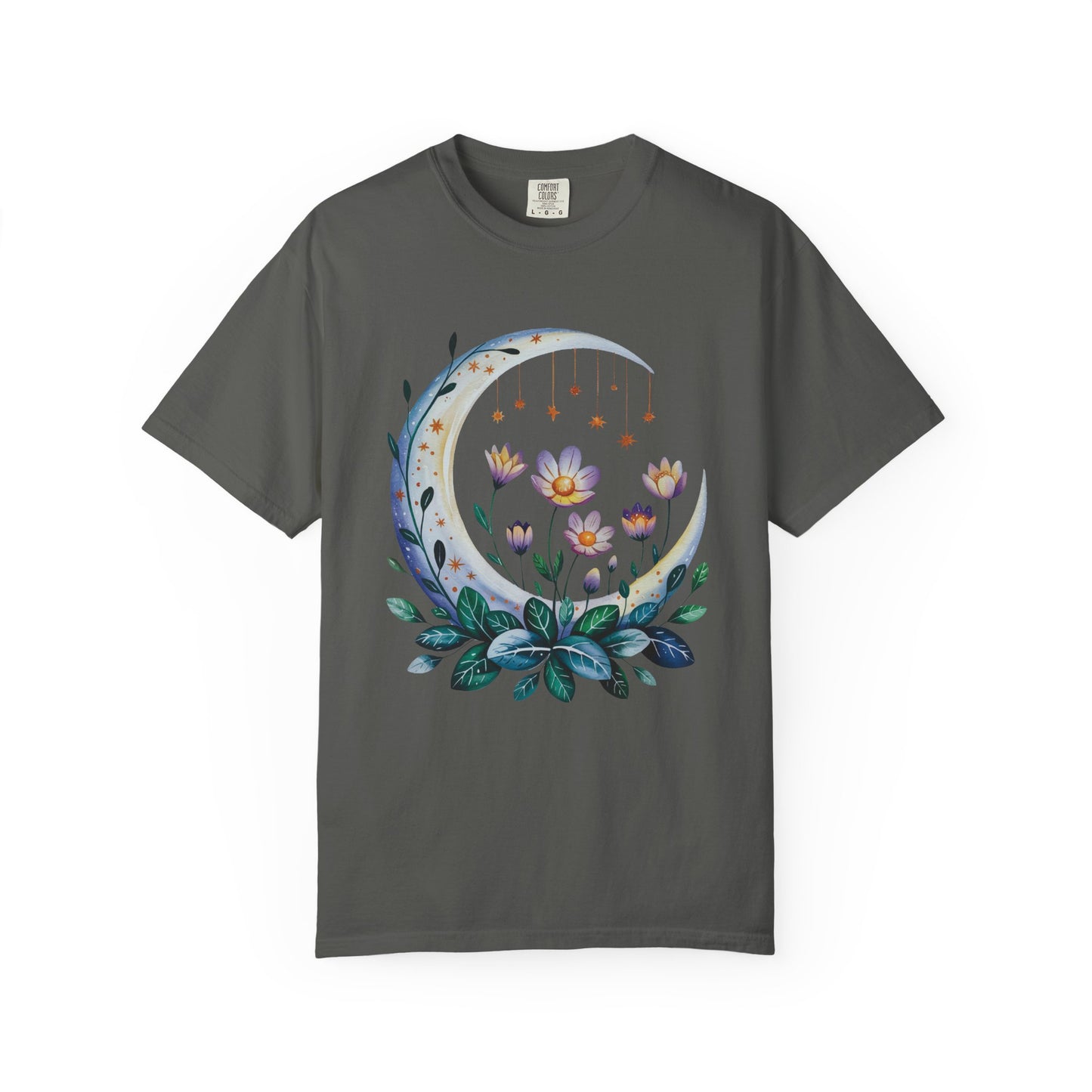 Crescent Moon Floral T-Shirt with a bohemian design, showcasing intricate floral patterns. Features a relaxed fit and crew neckline, embodying FireBrook Essentials' commitment to stylish, comfortable apparel for free spirits.