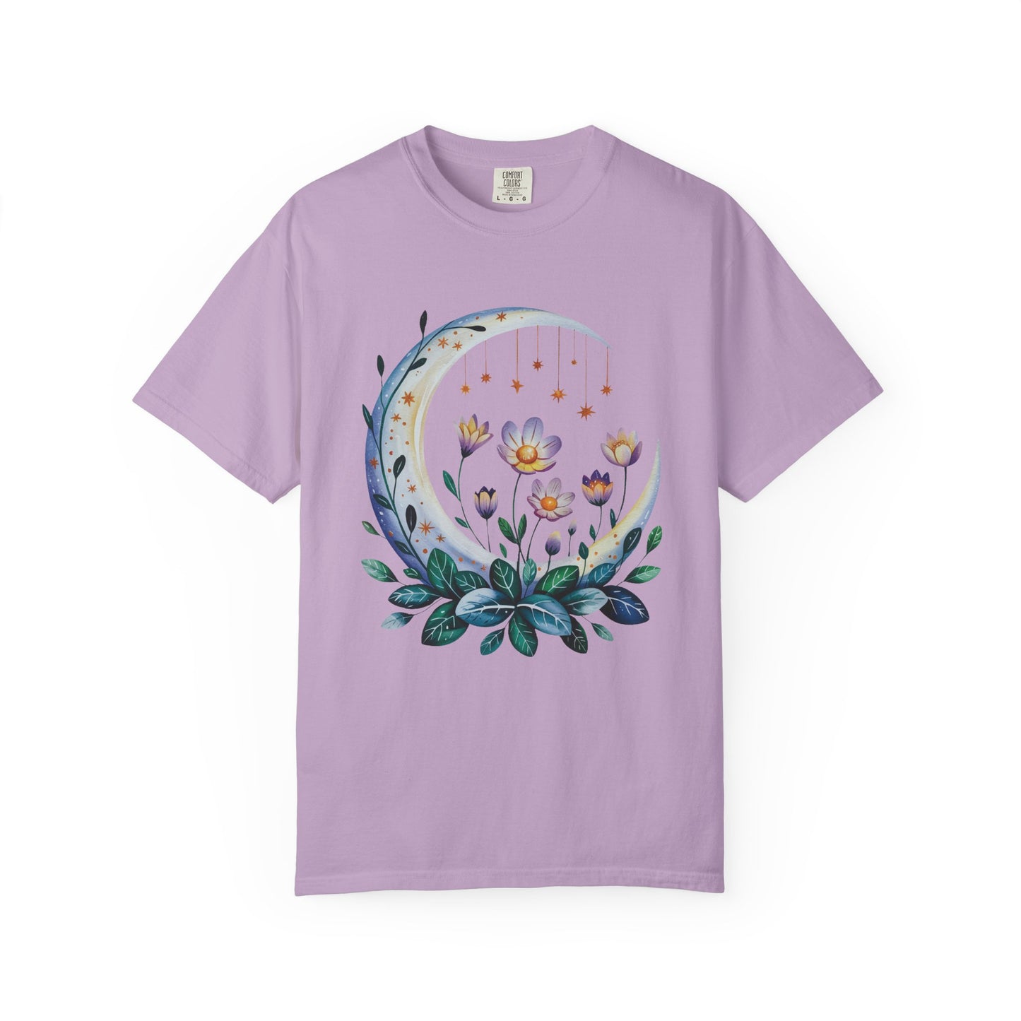 Crescent Moon Floral T-Shirt showcasing a bohemian design, perfect for nature lovers. Features durable double-needle stitching and a relaxed fit, embodying FireBrook Essentials' commitment to comfort and style.