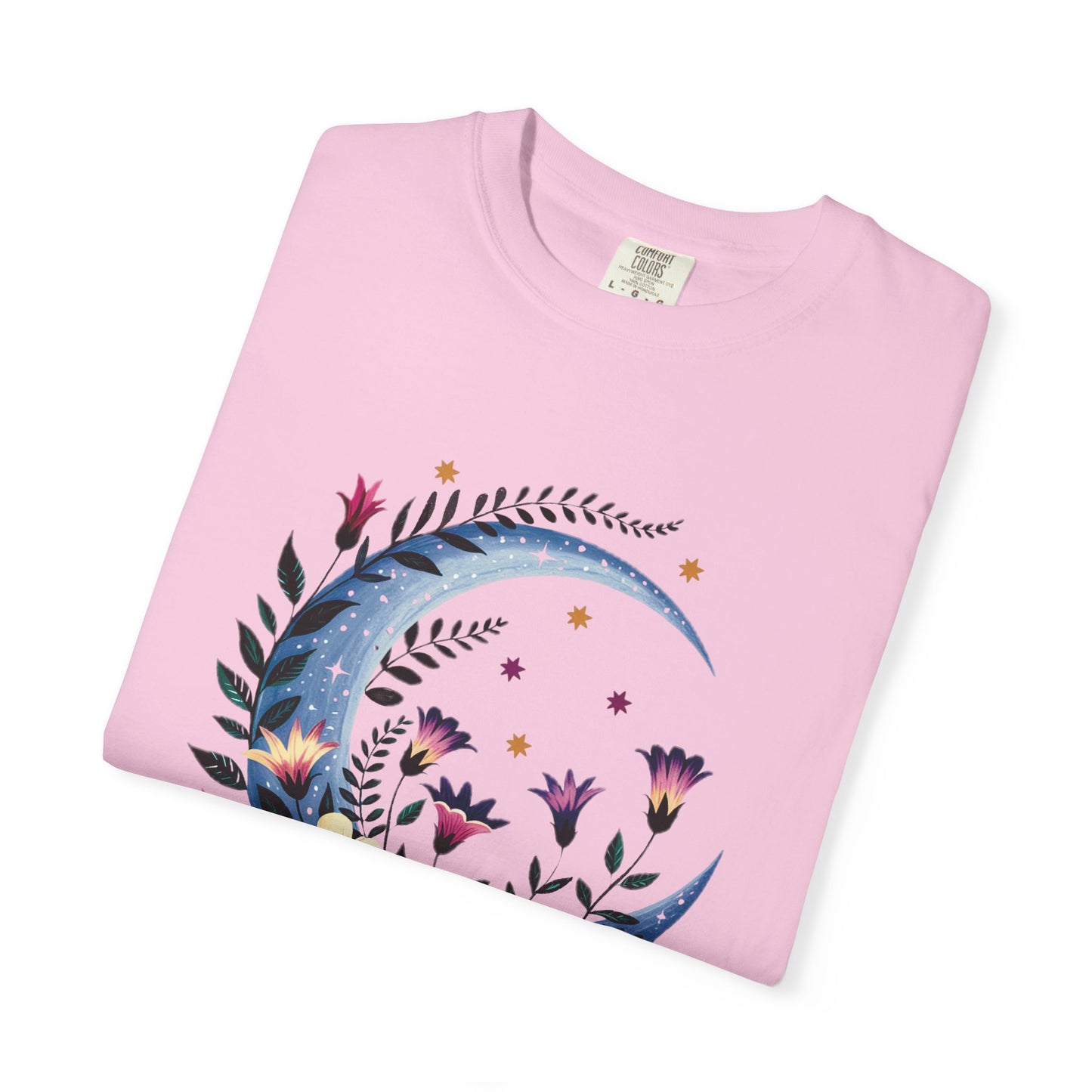 Crescent Moon Floral T-Shirt with a bohemian, dreamy design, embodying FireBrook Essentials' uplifting style. Features relaxed fit and crew neckline, perfect for nature lovers seeking comfort and unique fashion.