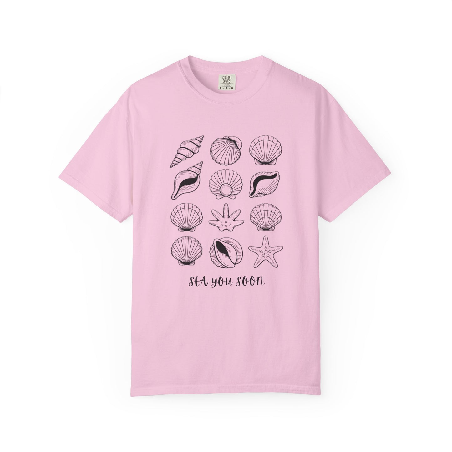 Seashells and Sea You Soon T-Shirt featuring a relaxed fit and beach-themed design, perfect for summer adventures. Crafted from ethically grown US cotton with durable double-needle stitching.