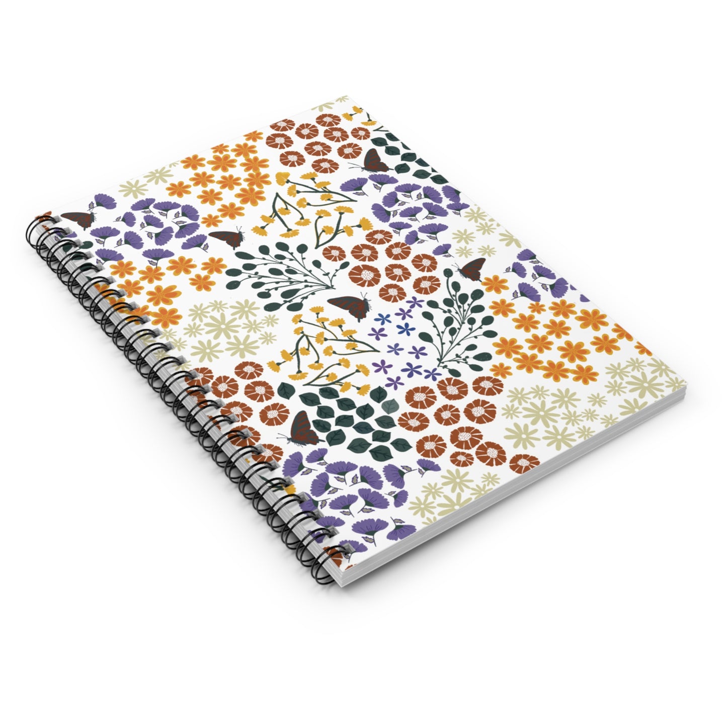 Floral Spiral Notebook featuring vibrant floral motifs with butterflies, embodying FireBrook Designs' cheerful style. Spiral-bound for easy page turning, perfect for creative journaling or note-taking. Compact and eco-friendly design.