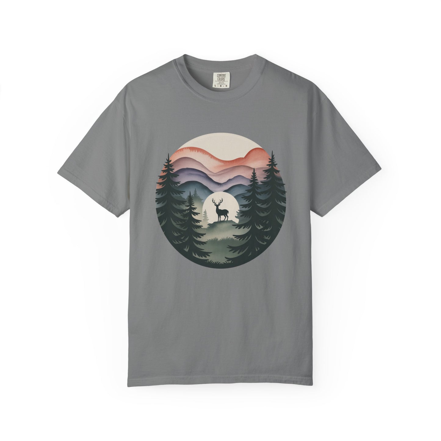 Nature Wanderer T-Shirt showcases a serene design featuring layered mountain silhouettes and a celestial moon, symbolizing wilderness. Perfect for nature lovers seeking comfort and tranquility from FireBrook Essentials.