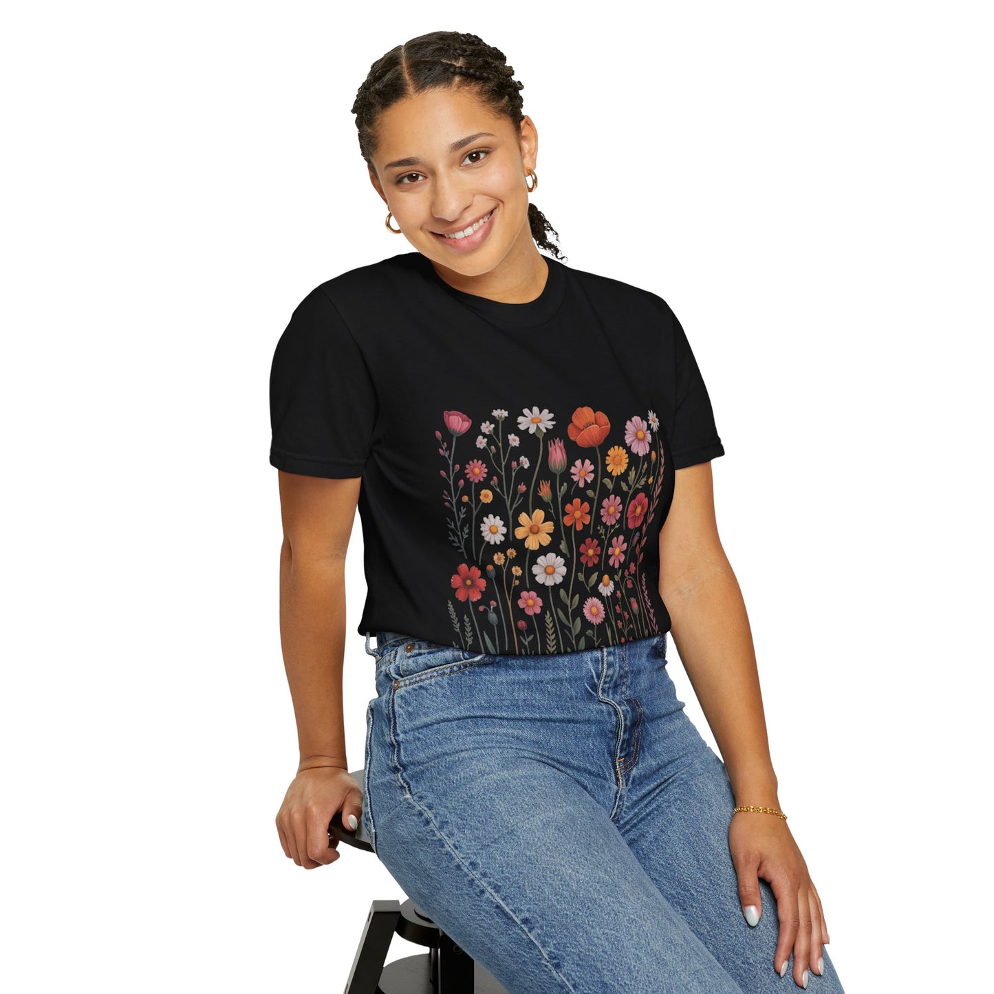 Wildflowers Summer T-Shirt featuring a vibrant floral design, perfect for outdoor enthusiasts. Ideal for casual summer outings, this garment-dyed tee offers comfort with double-needle stitching and sleek, seamless sides.