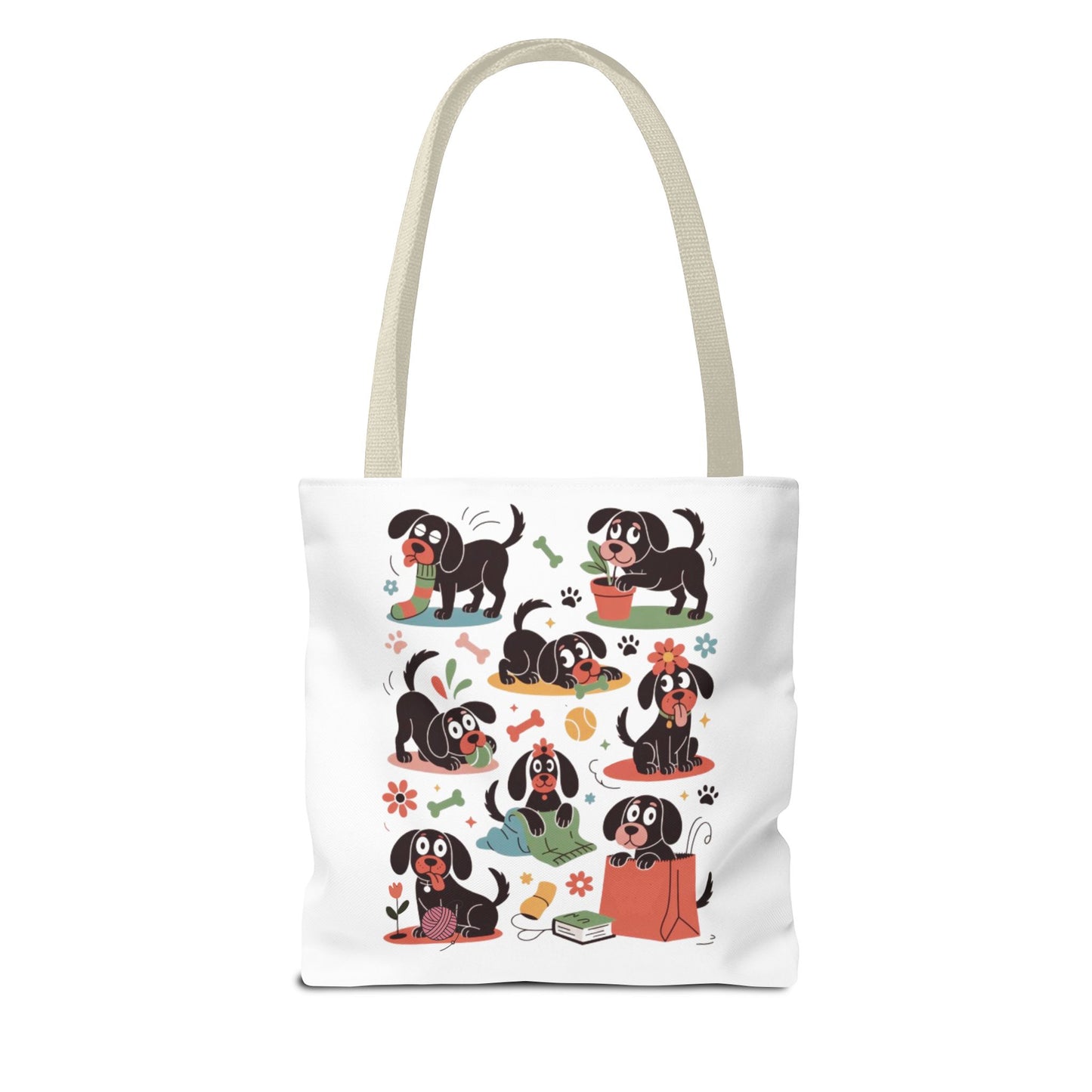 Dog Tote Bag - Playful Cartoon Illustration Design features whimsical dogs with everyday objects, perfect for dog lovers. Ideal for shopping or gifting, it combines style and functionality with durable polyester and reinforced handles.